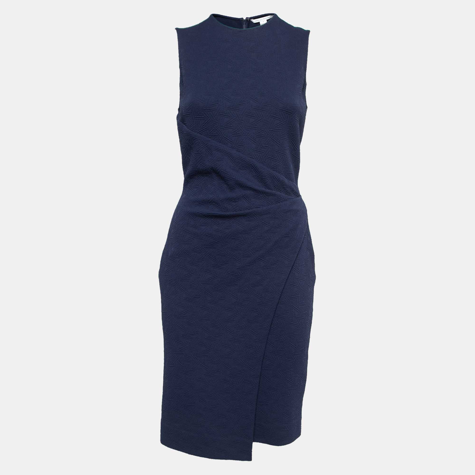 Pre-owned Diane Von Furstenberg Blue Textured Jersey Ruched Midi Dress S