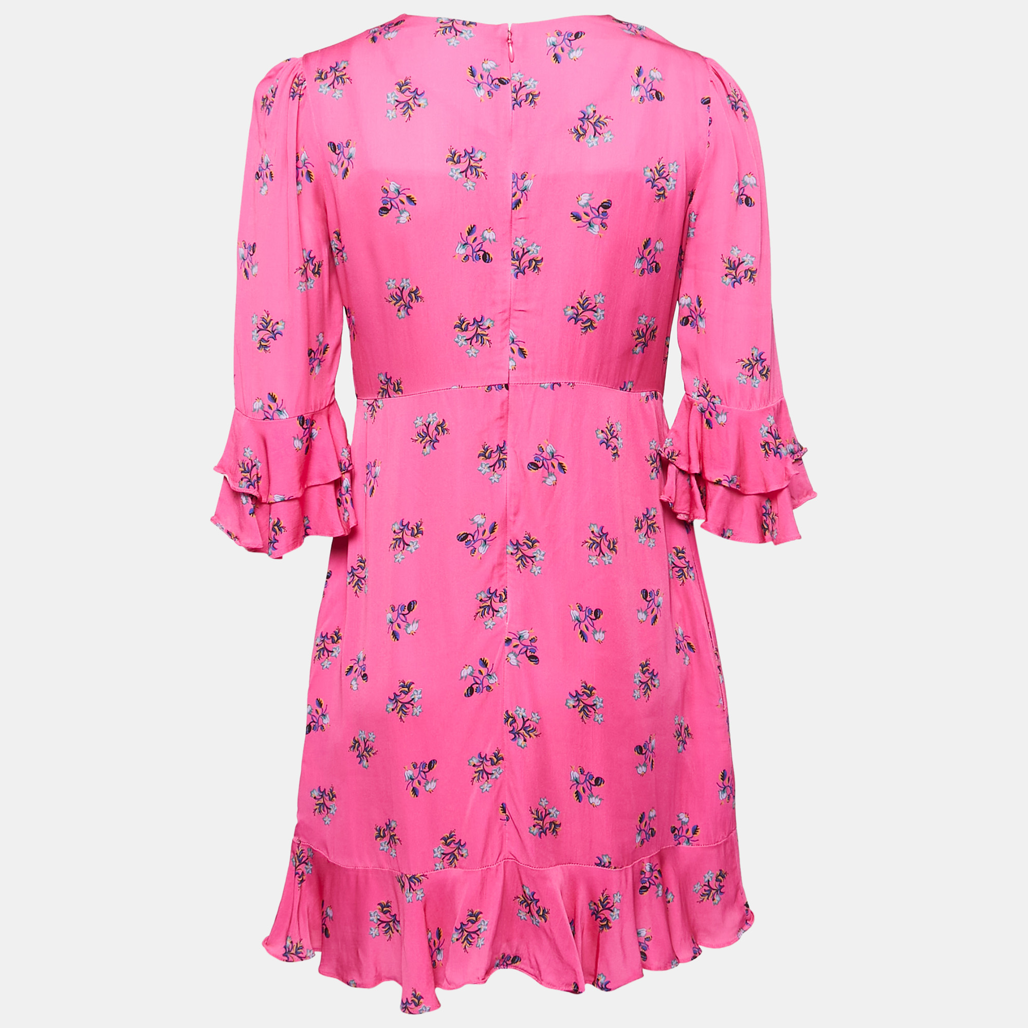 

Diane Von Furstenberg Pink Floral All-Over Motif Crepe Ruffle Detail Mini Dress
