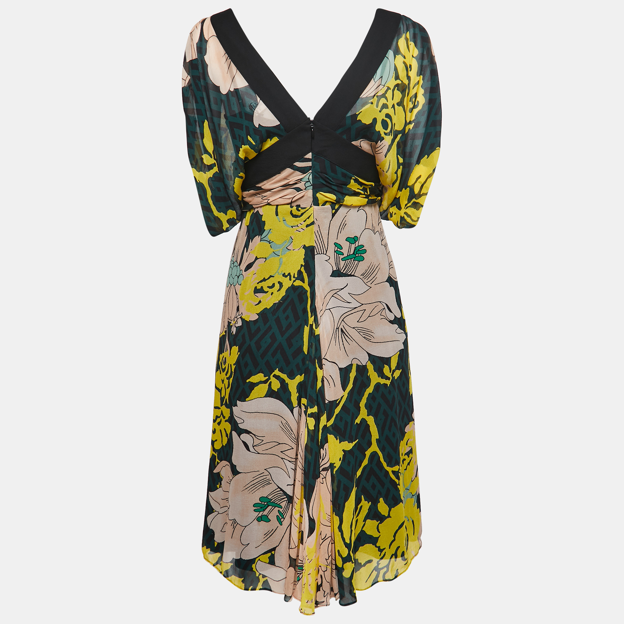 

Diane Von Furstenberg Black Printed Silk Chiffon Ruffle Detail Midi Dress
