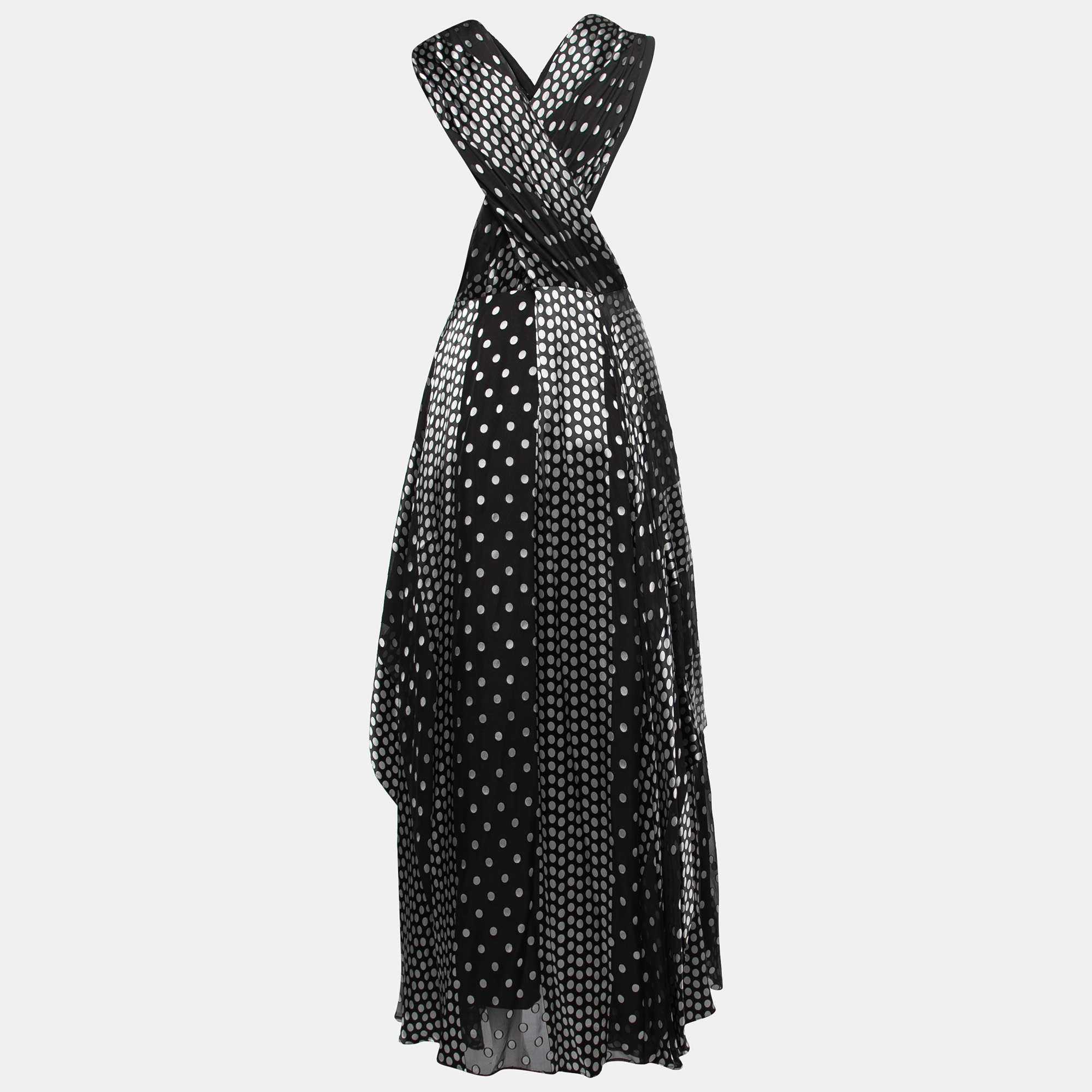 

Diane Von Furstenberg Black Polka Dotted Silk Blend Sleeveless V-Neck Draped Maxi Dress