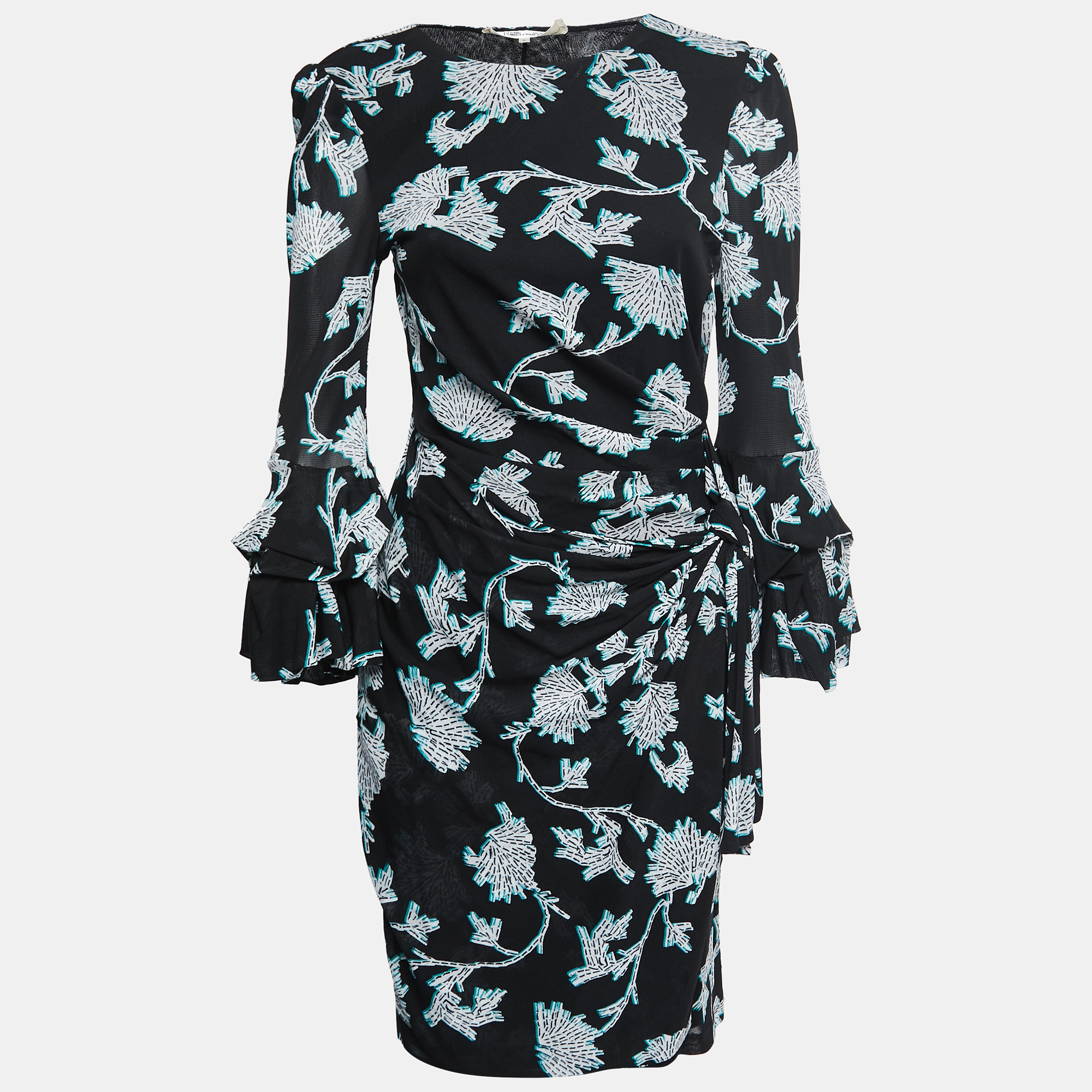 

Diane Von Furstenberg Black Printed Mesh Wrap Detail Mini Dress