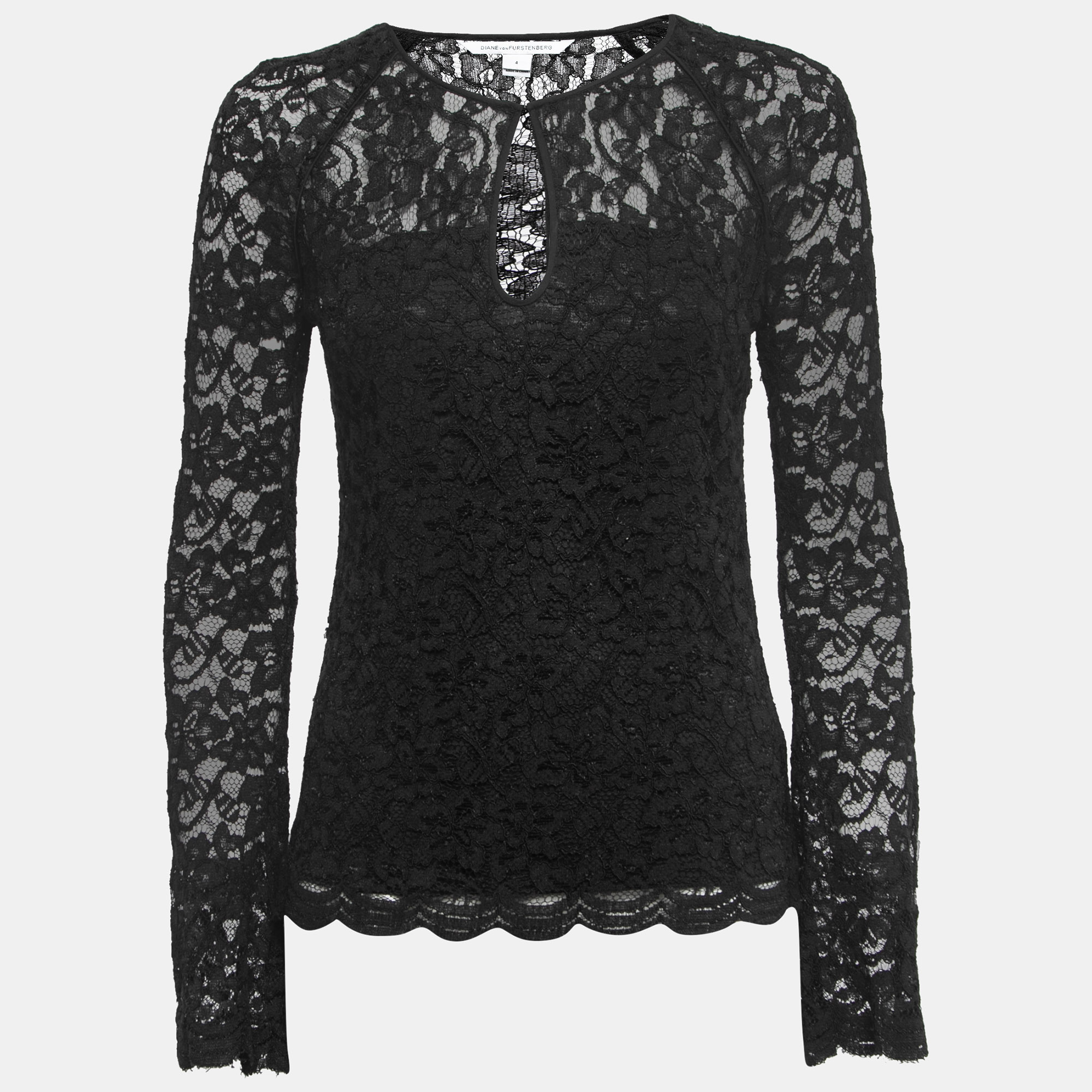 Pre-owned Diane Von Furstenberg Black Lace Long Sleeve Top S