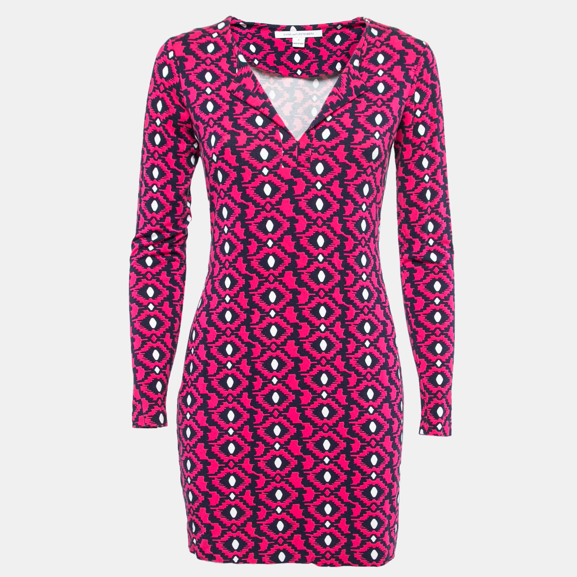 Pre-owned Diane Von Furstenberg Pink/navy Blue Printed Knit Full Sleeve Mini Dress S
