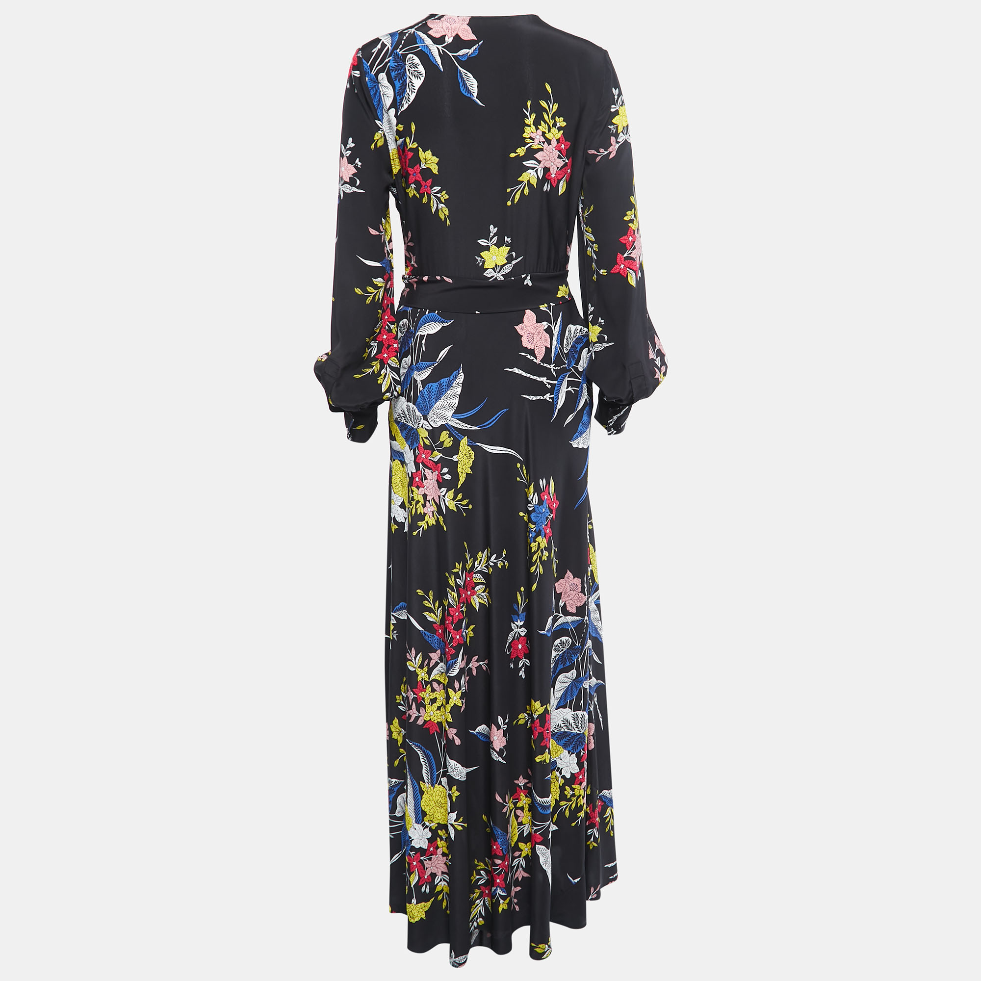 

Diane Von Furstenberg Black Floral Print Silk Belted Waist Maxi Dress