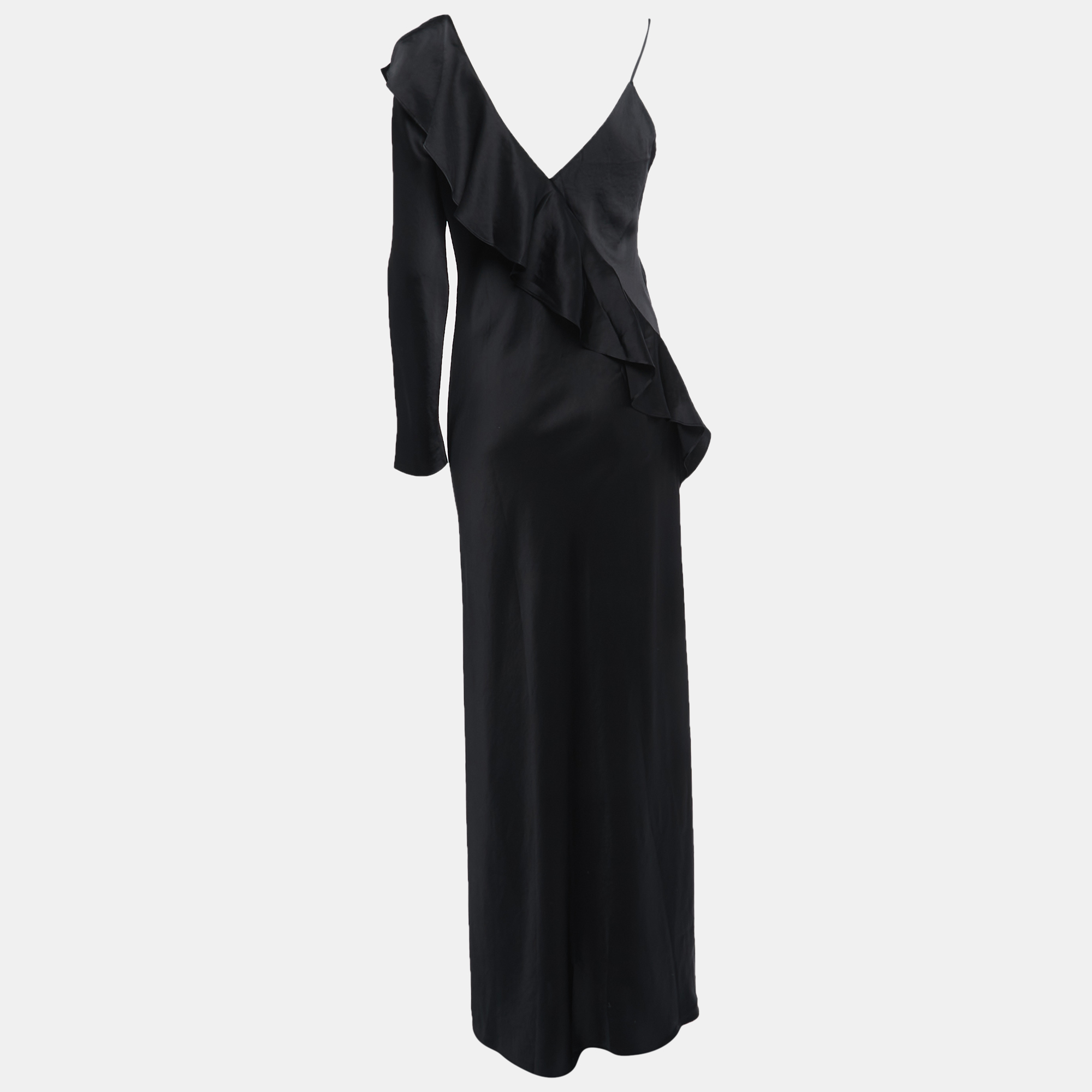 

Diane Von Furstenberg Black Satin Ruffled Asymmetrical Long Dress