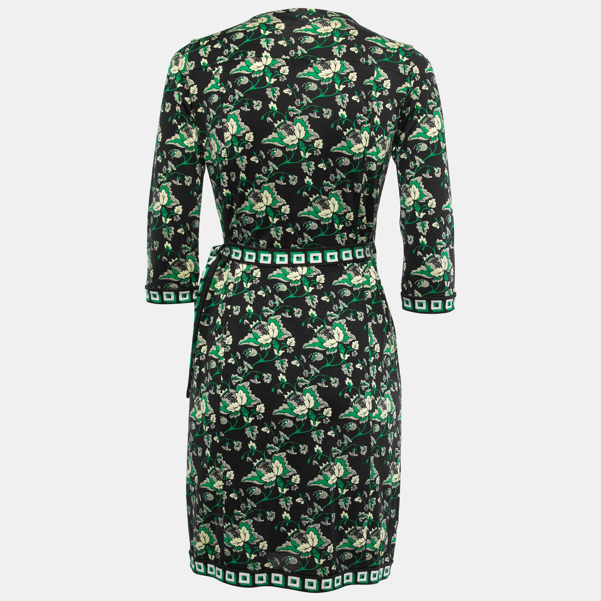 

Diane Von Furstenberg Black & Green Printed Silk Knit Tallulah Two Mini Wrap Dress