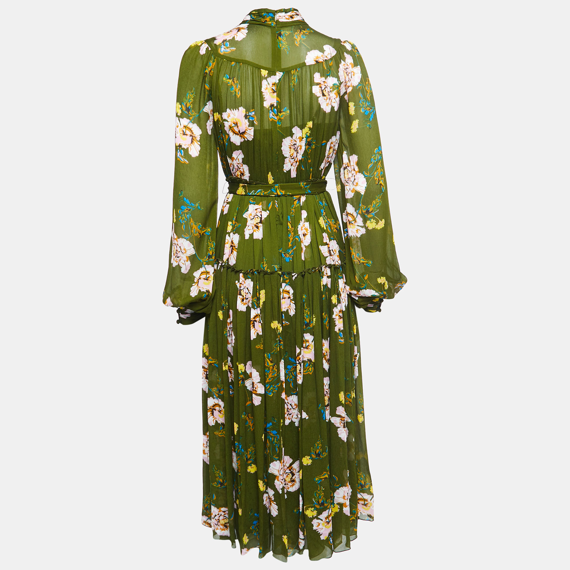 

Diane Von Furstenberg Green Floral Print Crepe High Neck Tiered Midi Dress