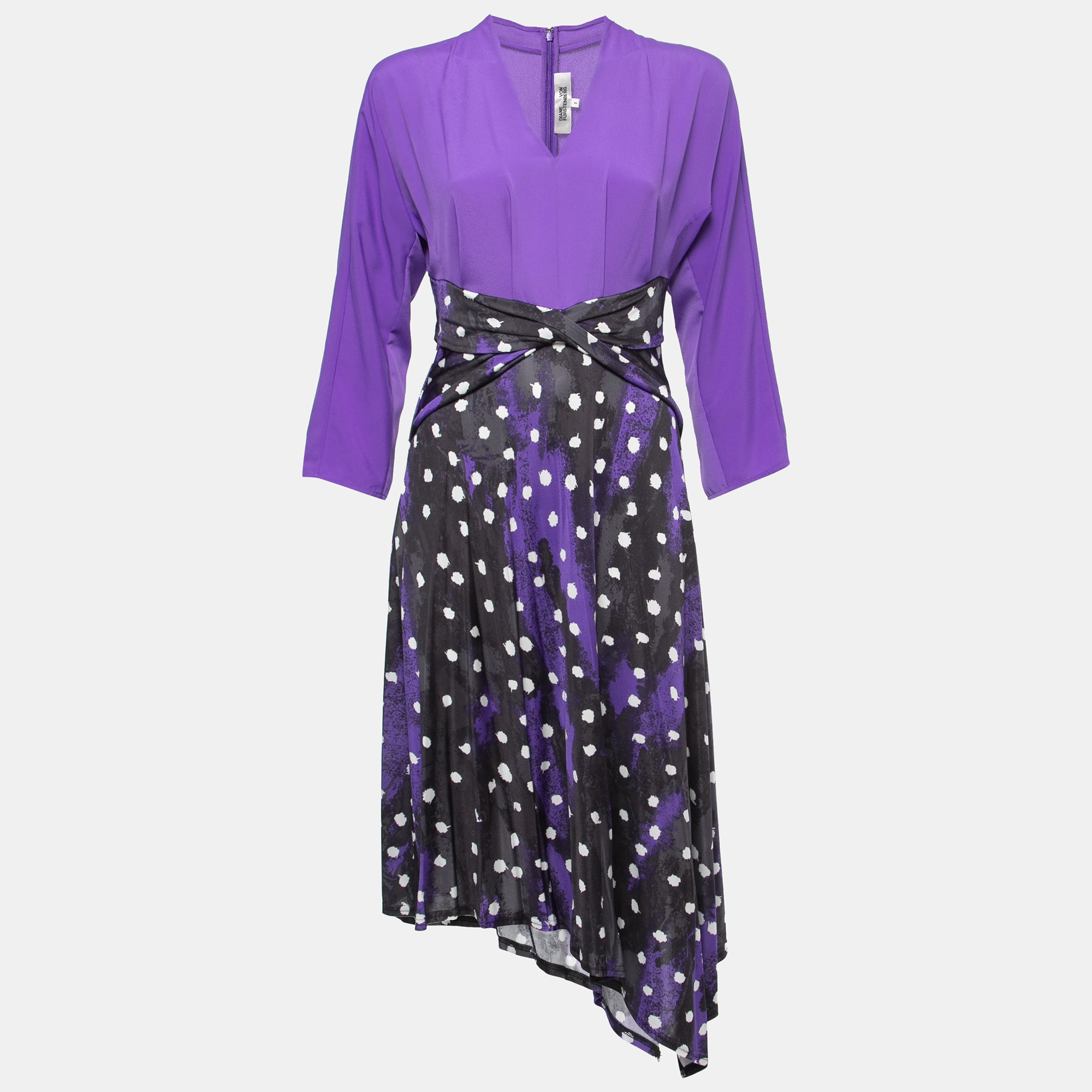 

Diane Von Furstenberg Purple Printed Jersey & Crepe Long Sleeve Asymmetrical Midi Dress