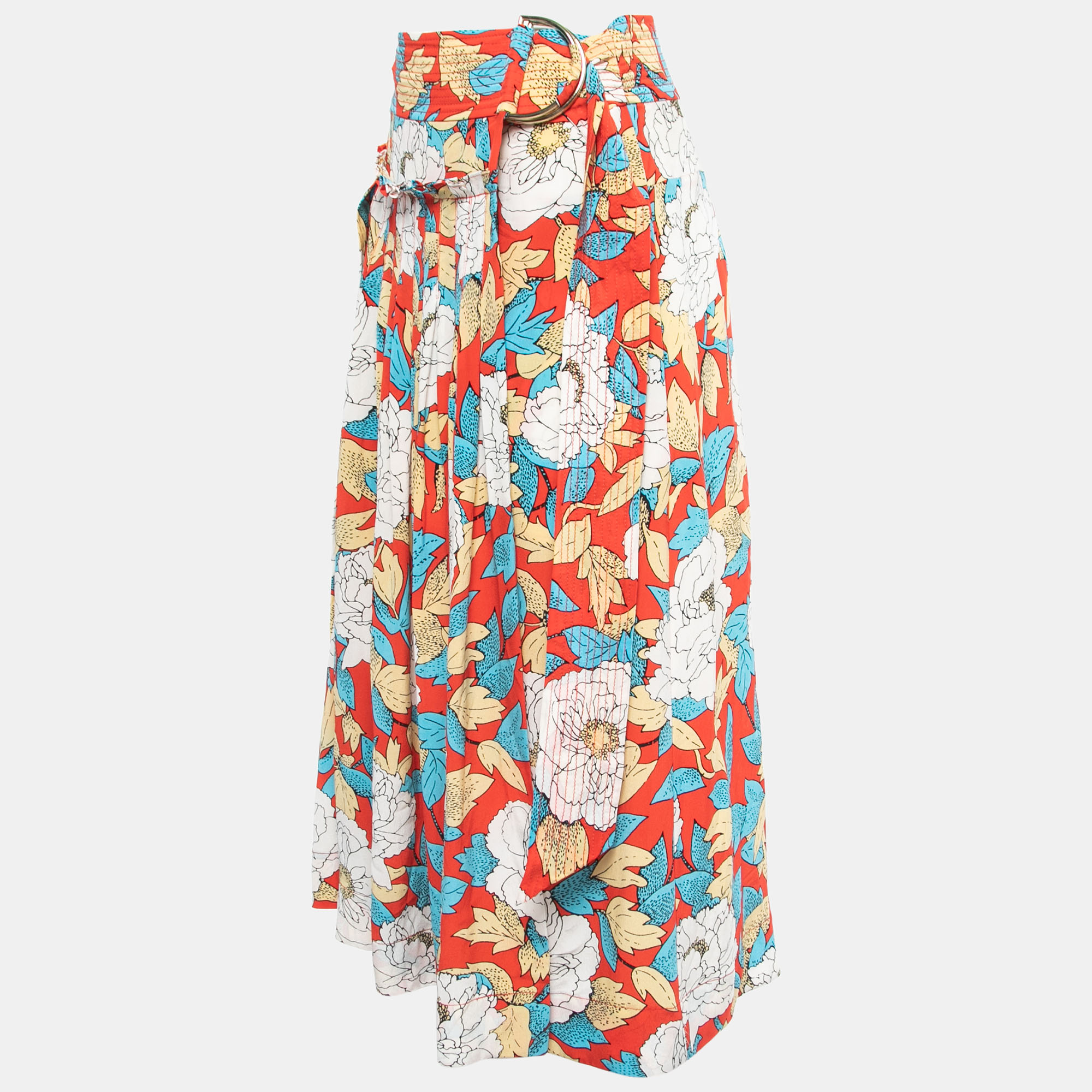 

Diane Von Furstenberg Red Floral Printed Silk Wrap Midi Skirt