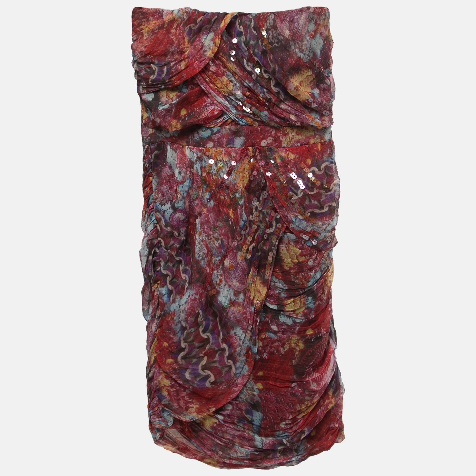 Pre-owned Diane Von Furstenberg Red Printed Silk Embellished Garvin Strapless Mini Dress S