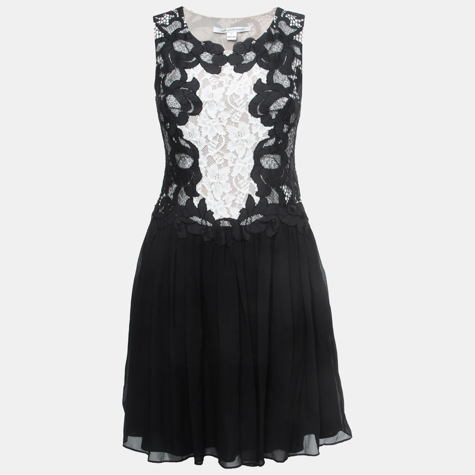 Pre-owned Diane Von Furstenberg Black/white Lace & Silk Sleeveless Mini Dress S