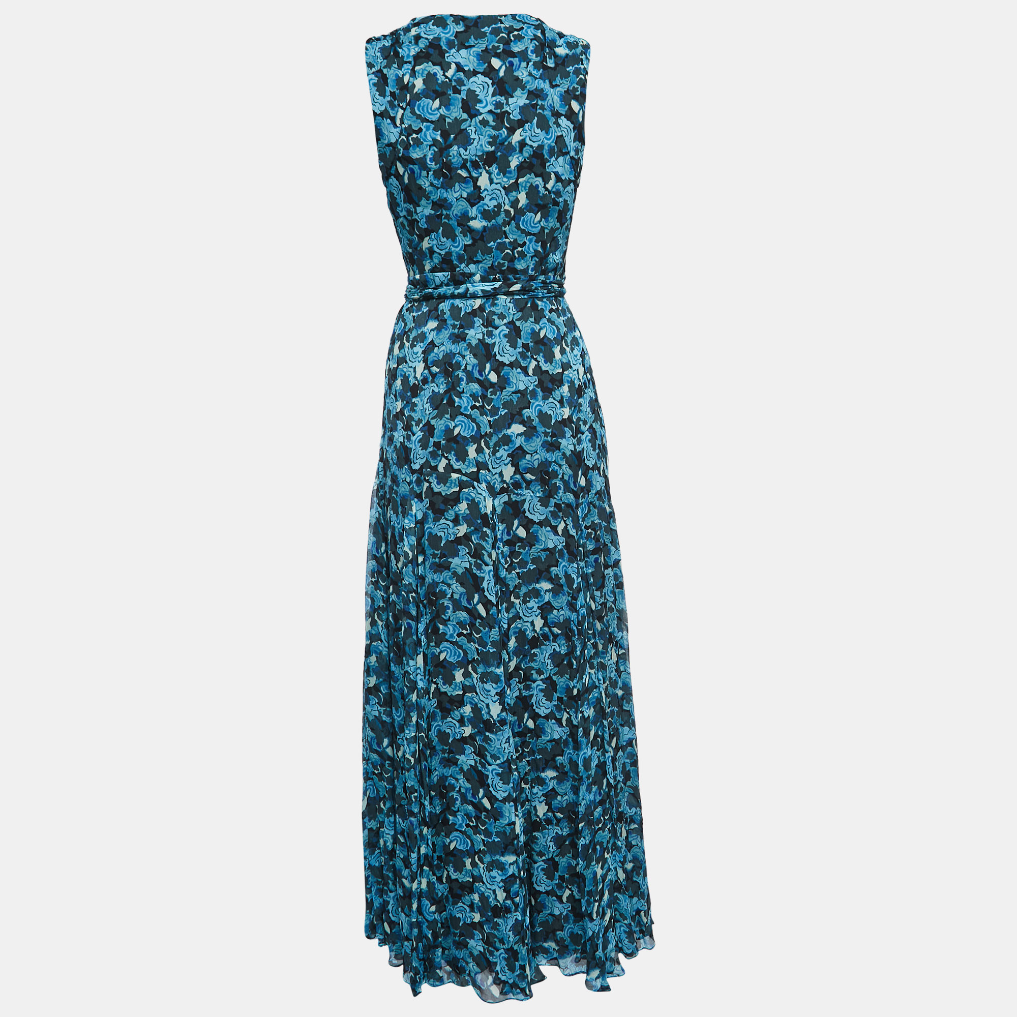 

Diane Von Furstenberg Blue Floral Print Chiffon Sleeveless Wrap Maxi Dress
