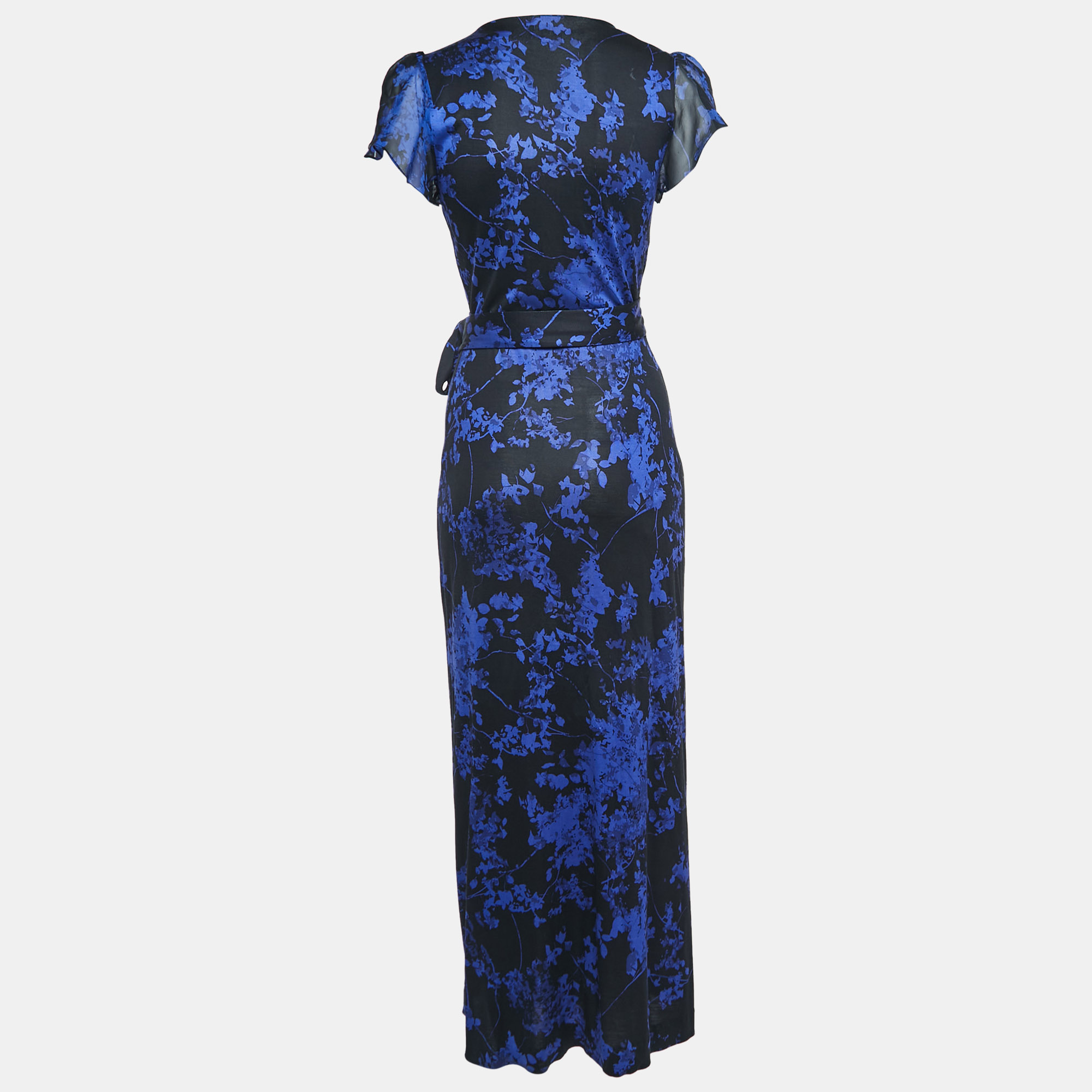 

Diane Von Furstenberg Blue Floral Print Silk Knit Wrap Maxi Dress