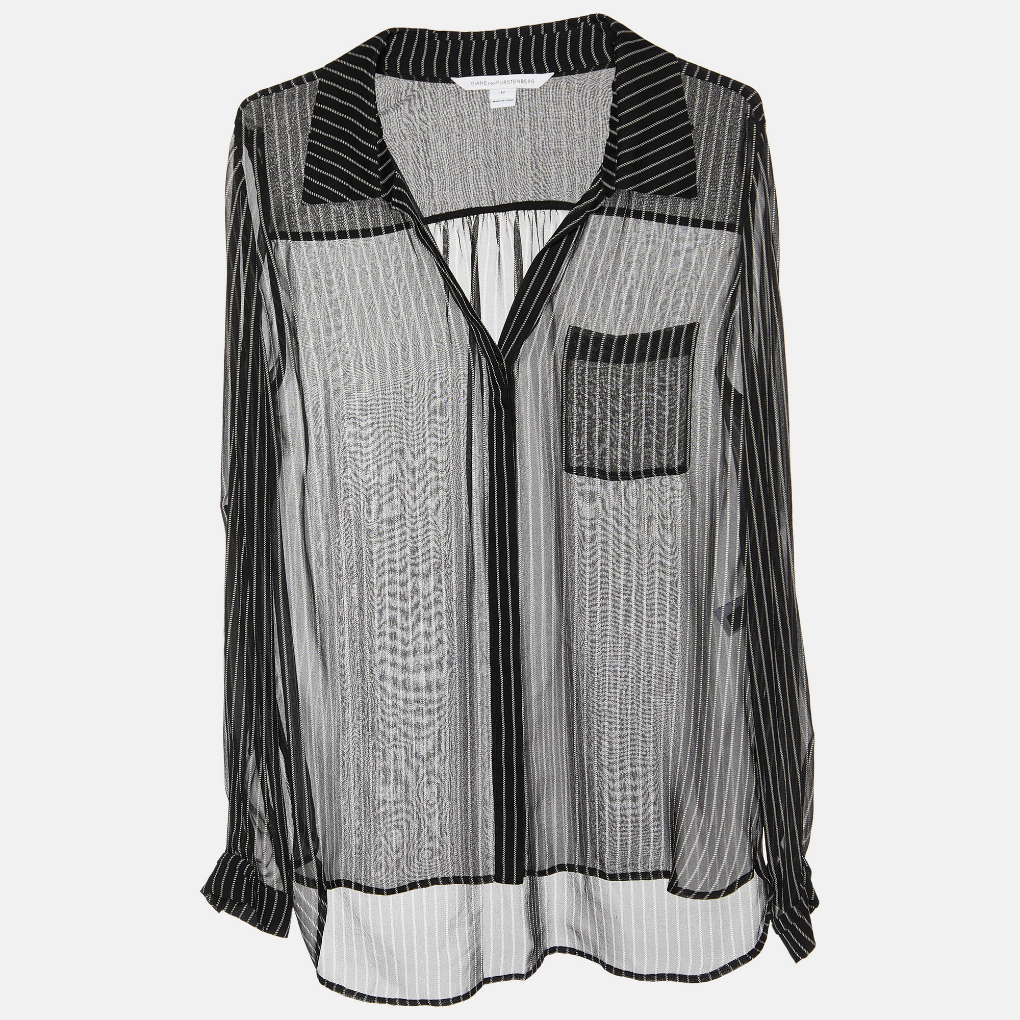 Pre-owned Diane Von Furstenberg Black Striped Silk Sheer Shirt L