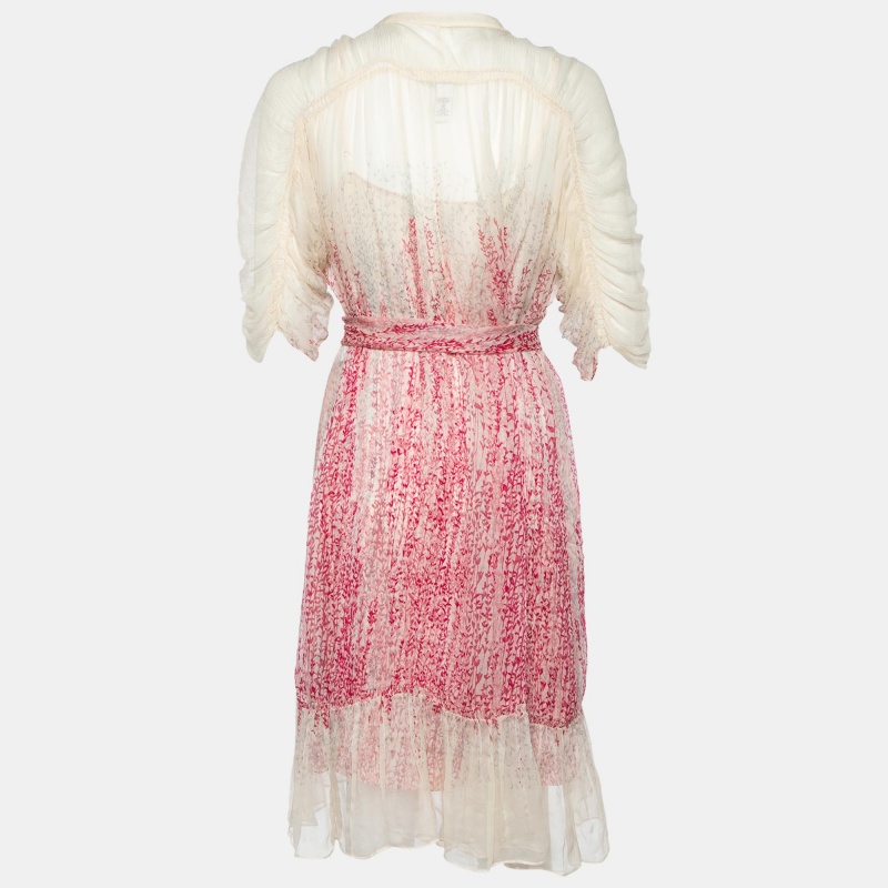

Diane Von Furstenberg Cream Floral Printed Silk Chiffon & Satin Lined Belted Kittine Dress