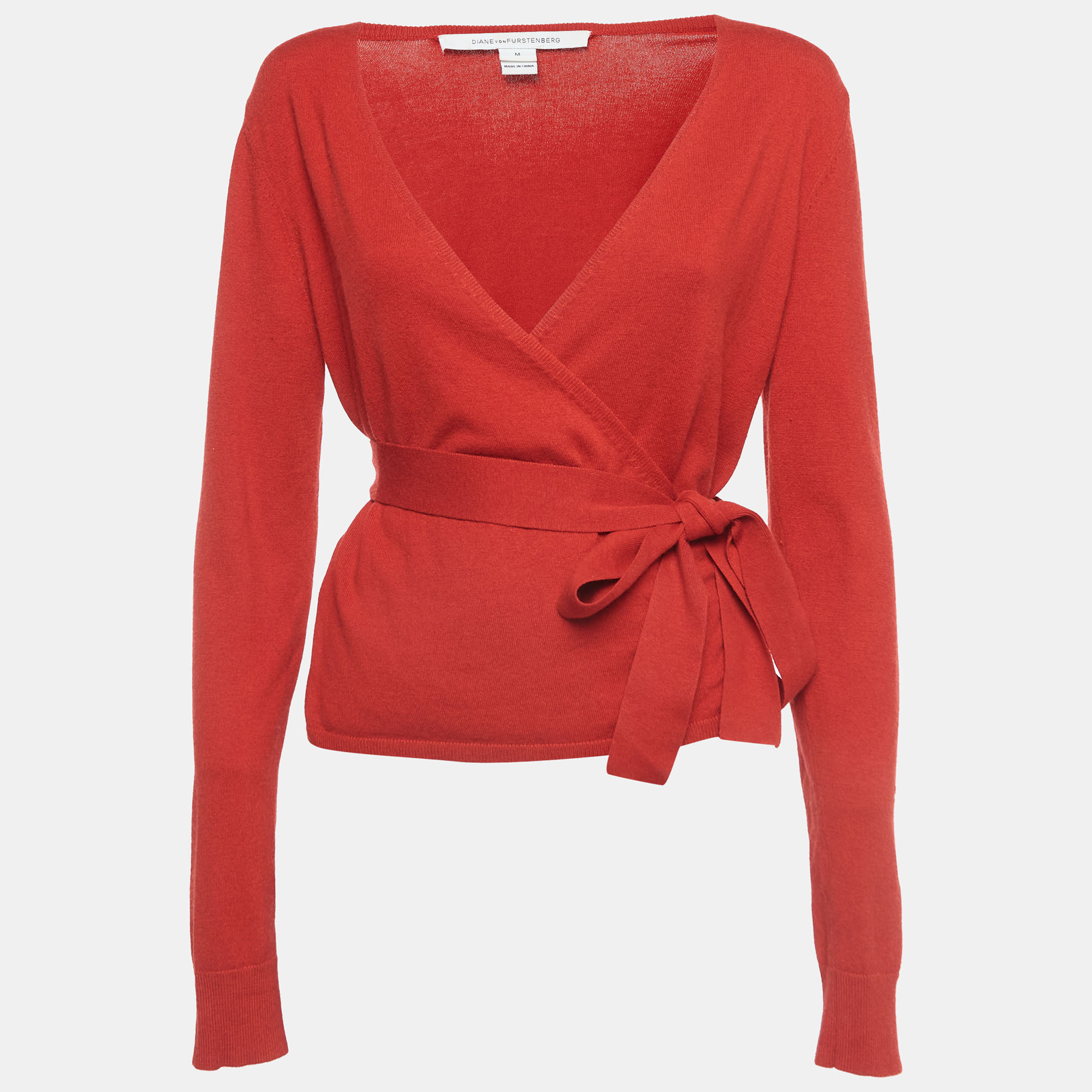 Pre-owned Diane Von Furstenberg Red Silk Blend Knit Ballerina Wrap Sweater M