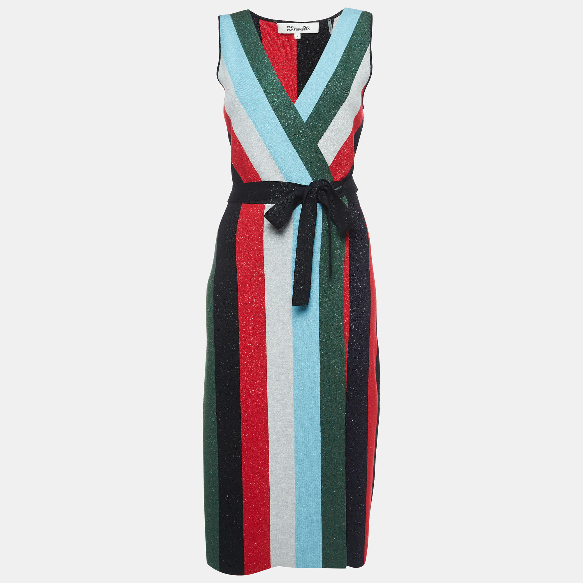 Pre-owned Diane Von Furstenberg Multicolor Stripe Wool Blend Shimmer Detail Wrap Dress Xs