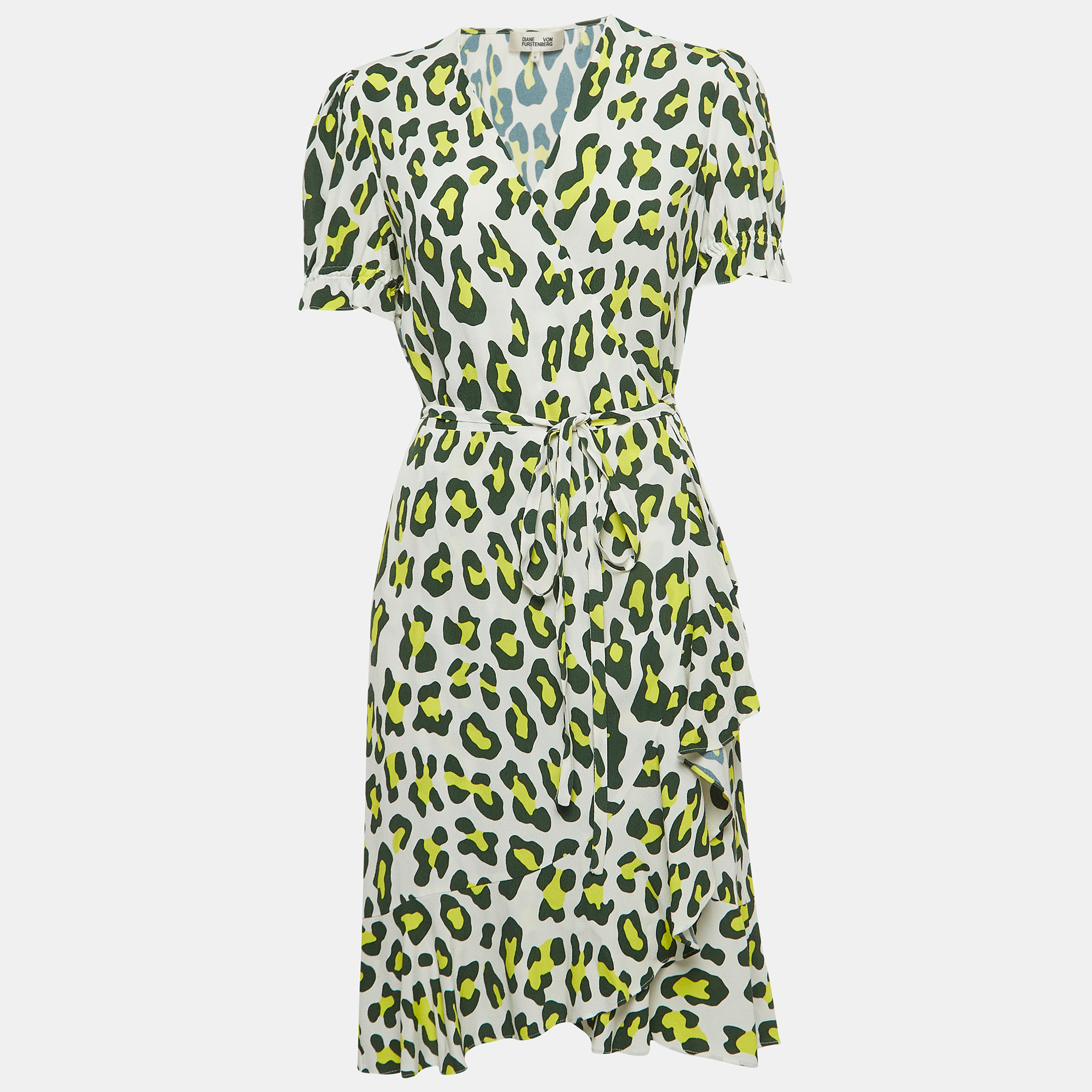 Pre-owned Diane Von Furstenberg Green Leopard Print Crepe Midi Wrap Dress M
