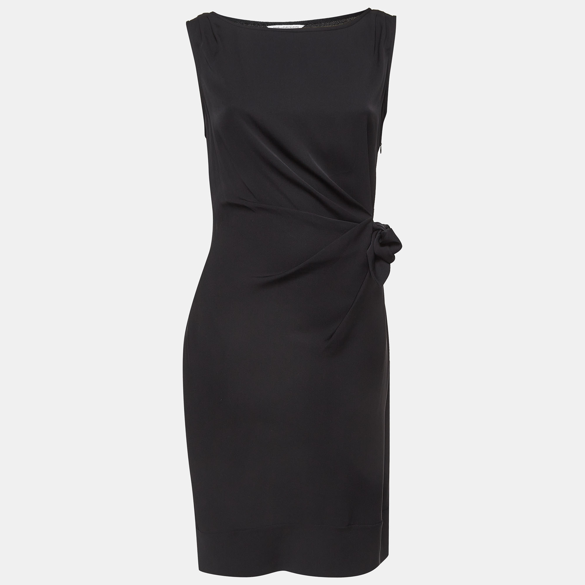 Pre-owned Diane Von Furstenberg Black Satin Silk Draped Dress M
