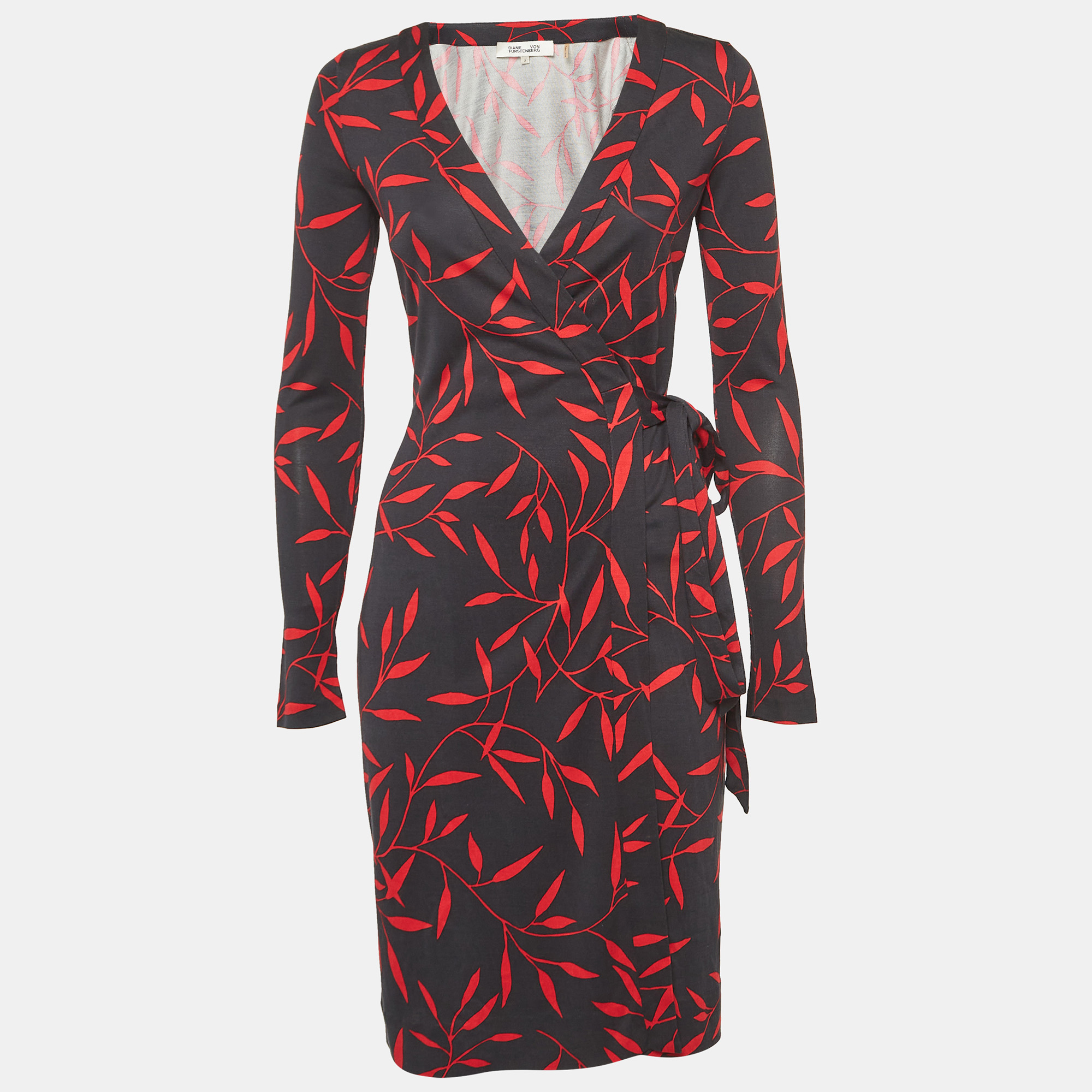 

Diane Von Furstenberg Black/Red Leaf Print Jersey Long Sleeve Wrap Dress S