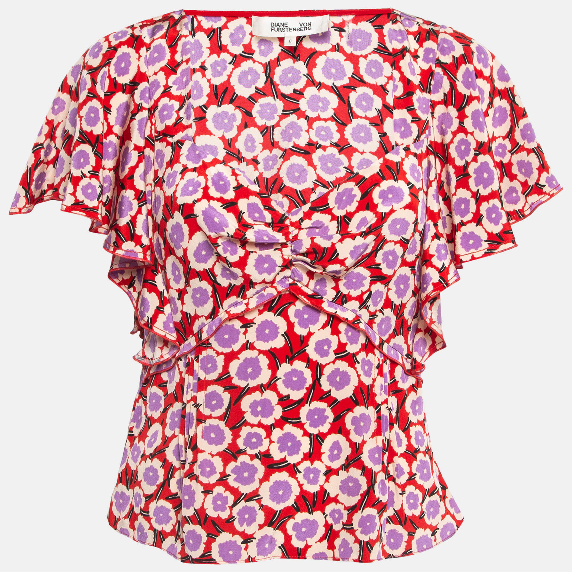 

Diane Von Furstenberg Red Floral Print Silk Ruffled De Chine Top