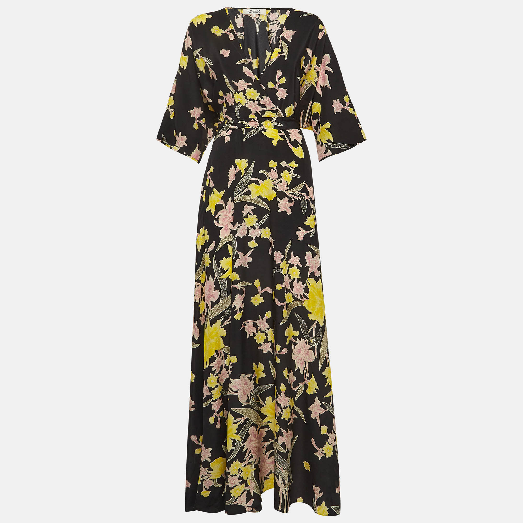 

Diane Von Furstenberg Black Floral Print Silk Maxi Wrap Dress