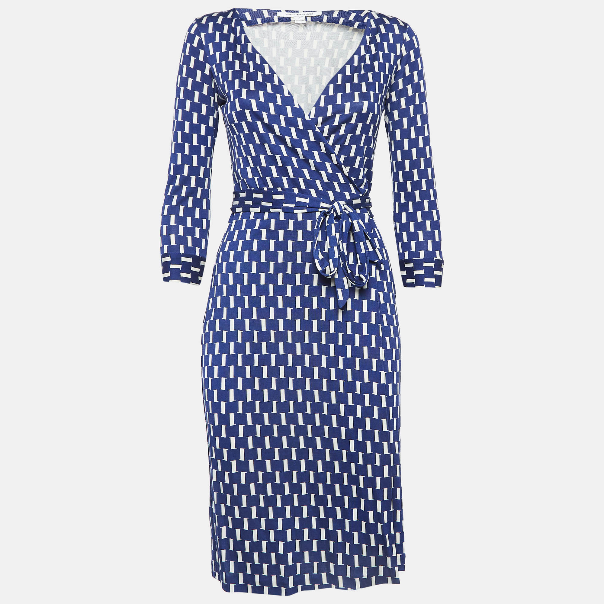 Pre-owned Diane Von Furstenberg Blue Printed Silk Jersey Wrap Dress Xs