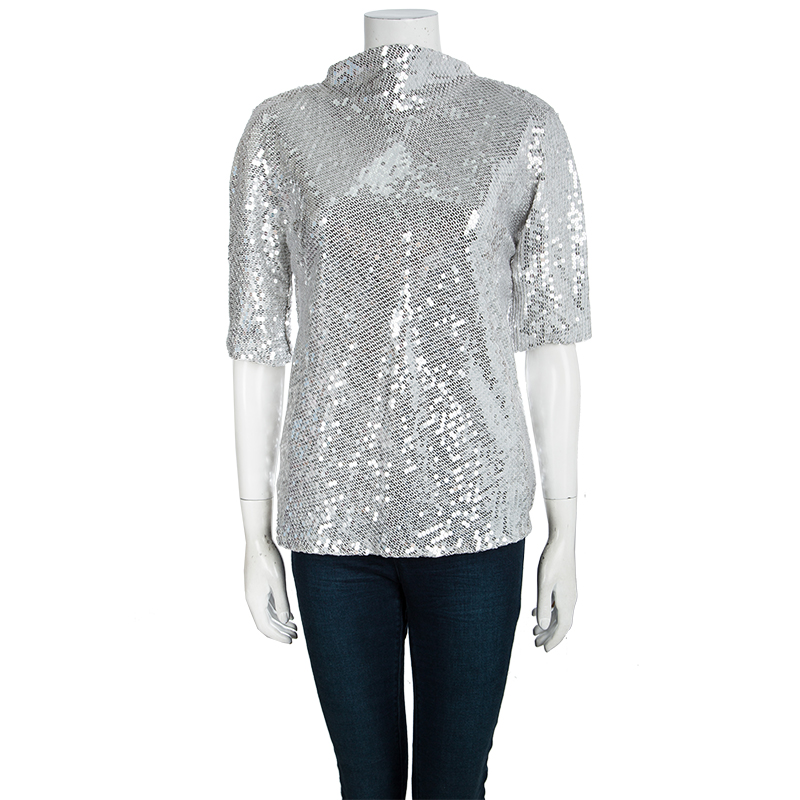 

Diane Von Furstenberg Silver Sequin Embellished Short Sleeve Mako Top