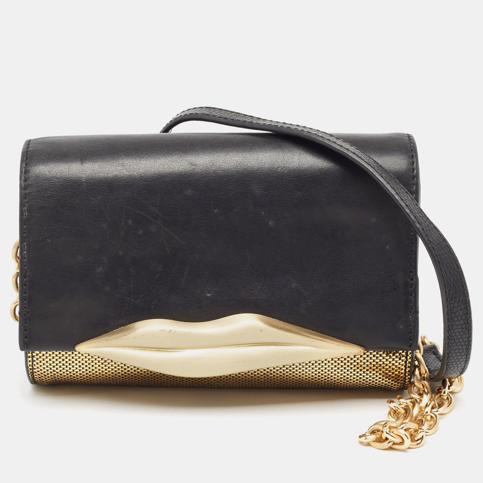 

Diane Von Furstenberg Black/Gold Lizard Embossed and Leather Carolina Lips Clutch Bag