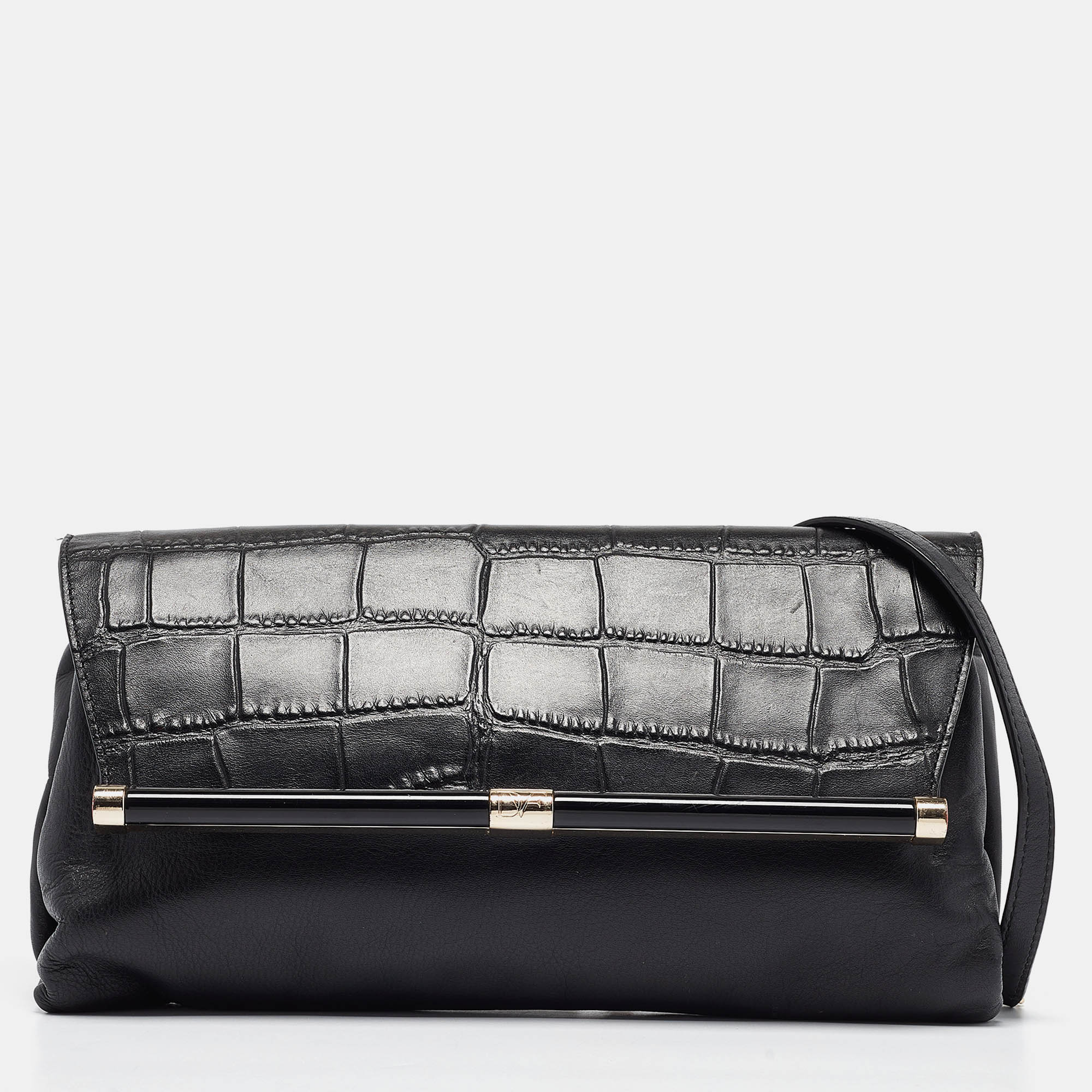 

Diane Von Furstenberg Black Croc Embossed and Leather Flap 440 Shoulder Bag