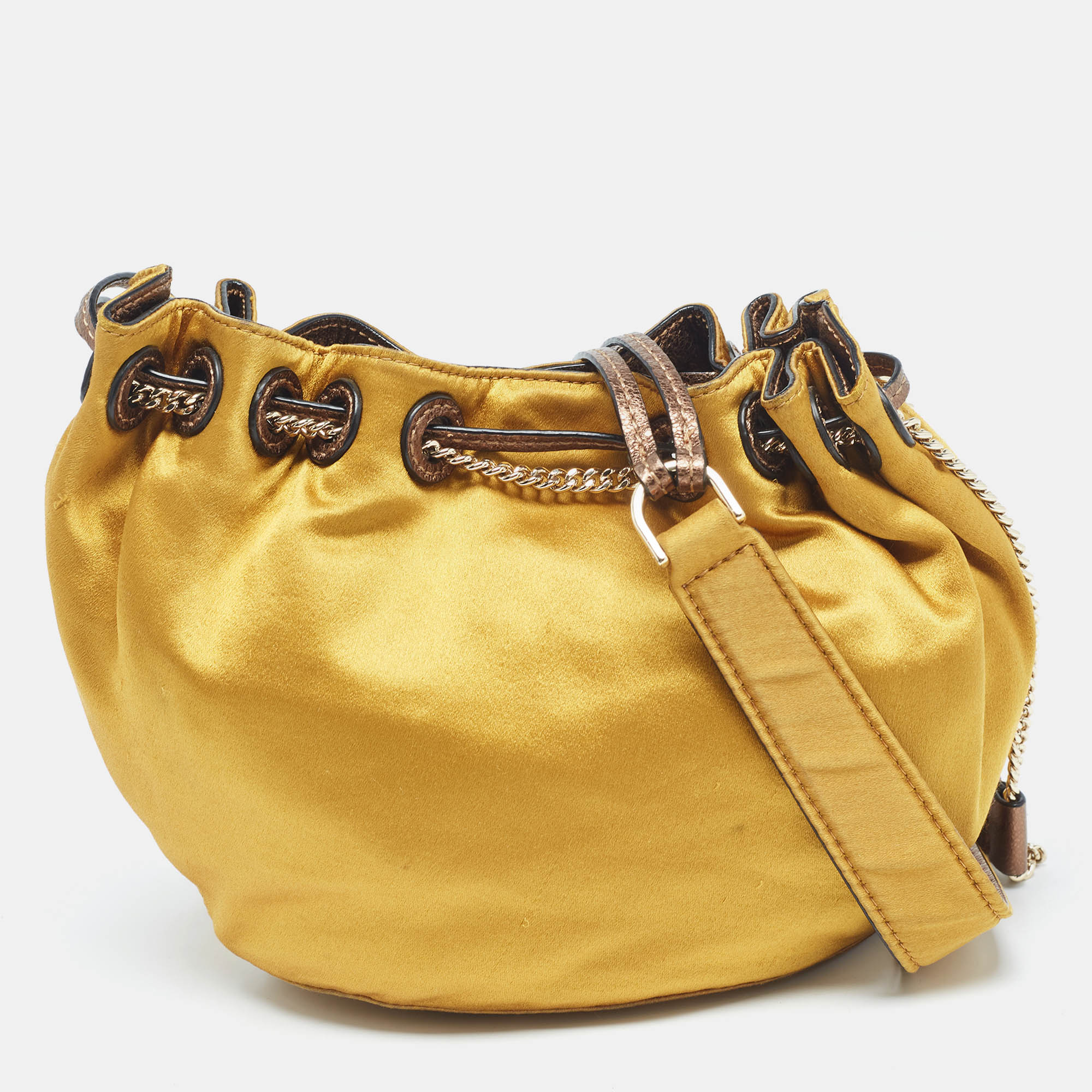 

Diane Von Furstenberg Gold Satin Love Power Bucket Bag