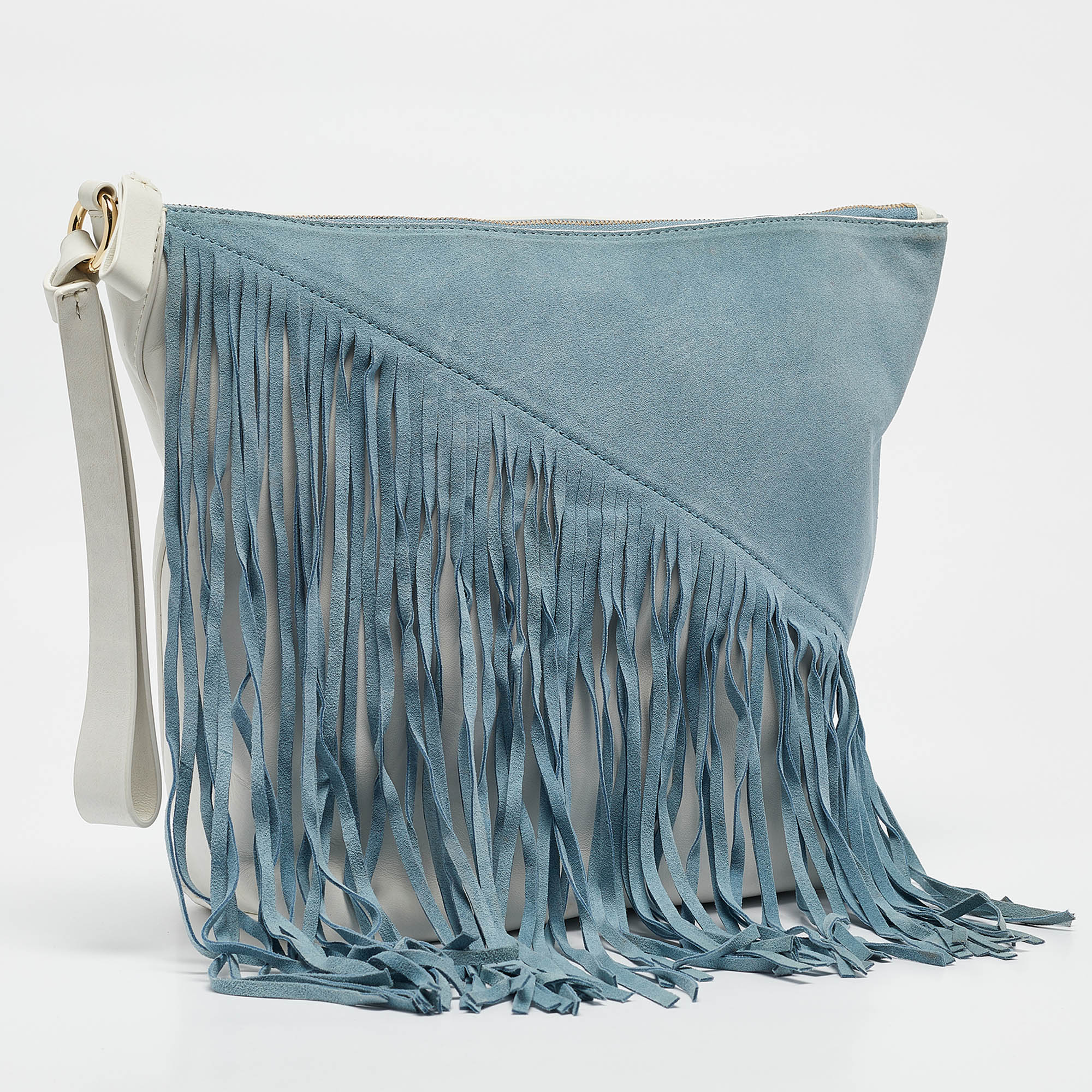 

Diane Von Furstenberg Slate Blue/Ivory Leather and Suede Fringe Wristlet Bag