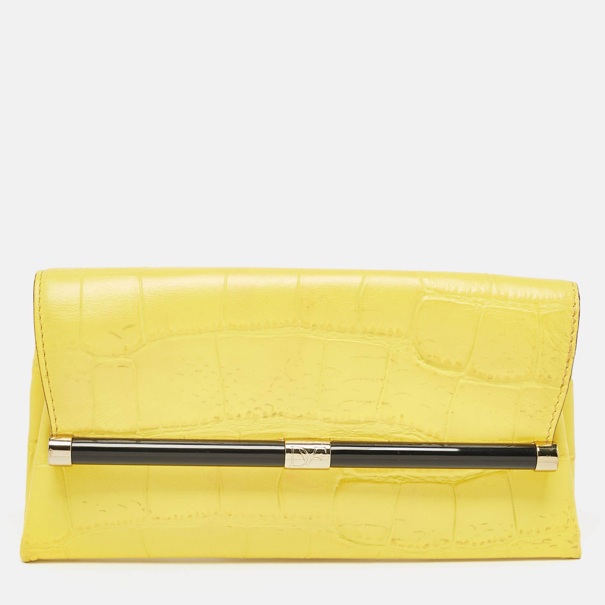 

Diane Von Furstenberg Yellow Croc Embossed Leather Flap Clutch