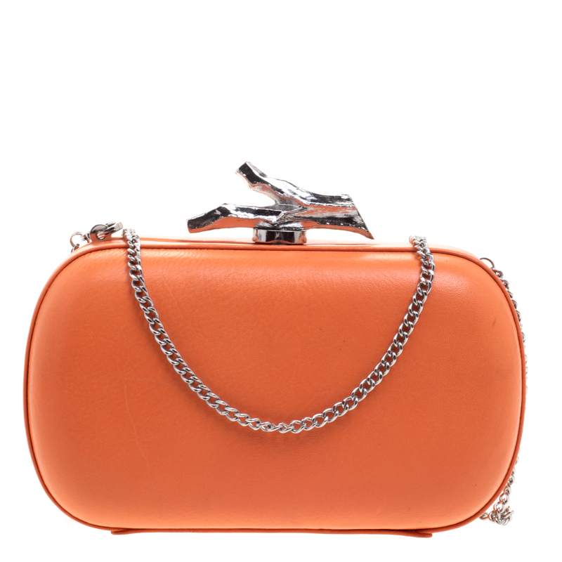 Pre Owned Diane Von Furstenberg Orange Leather Lytton Minaudiere Clutch