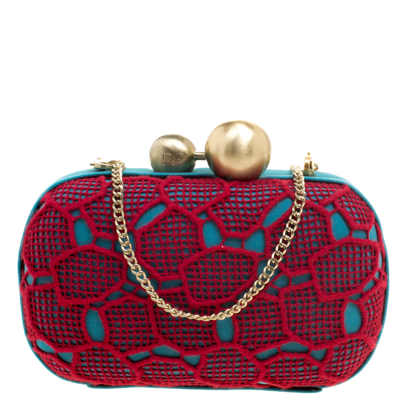 Pre Owned Diane Von Furstenberg Red/Teal Lace Sphere Minaudiere Clutch