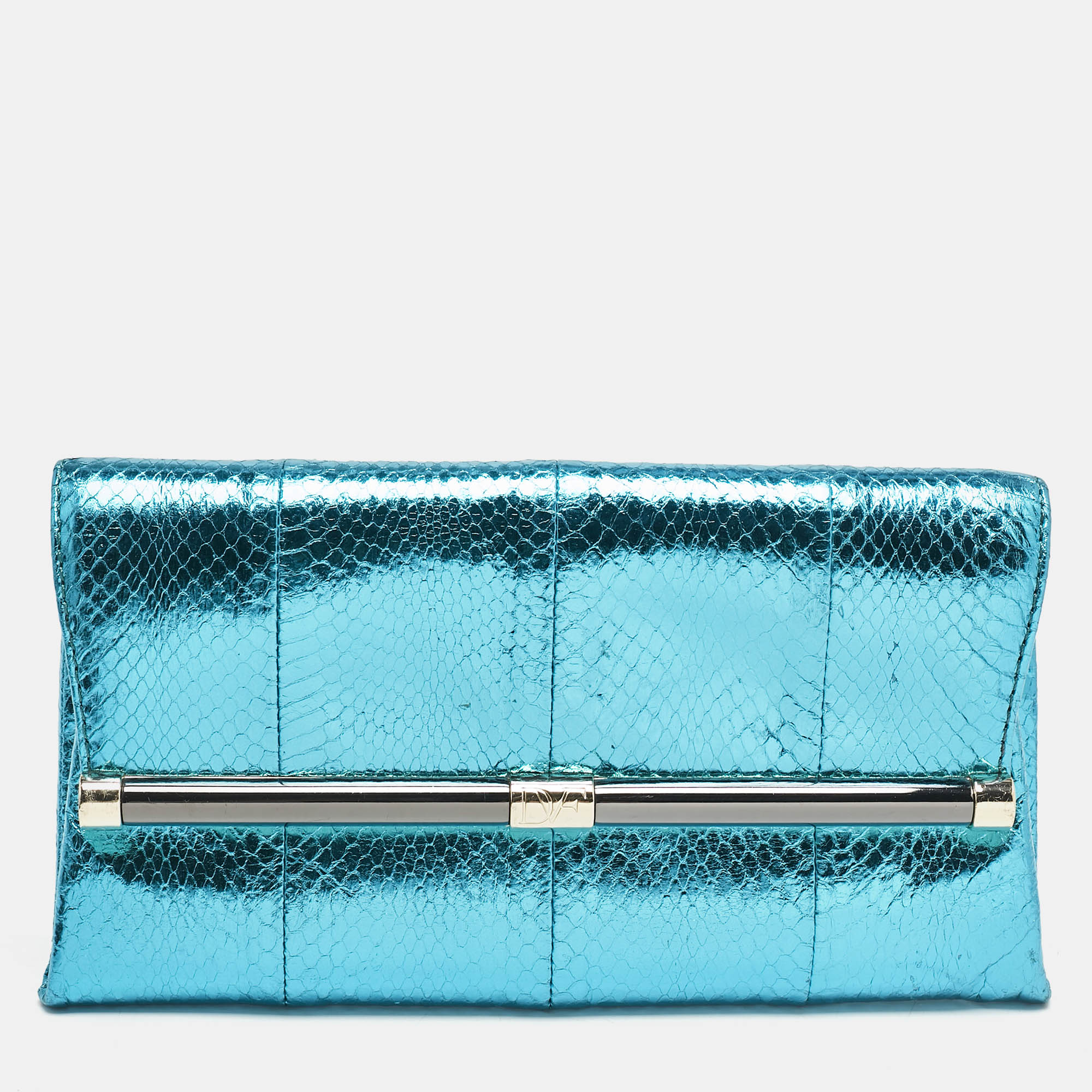 

Diane Von Furstenberg Metallic Blue Foil Snakeskin Envelop Clutch