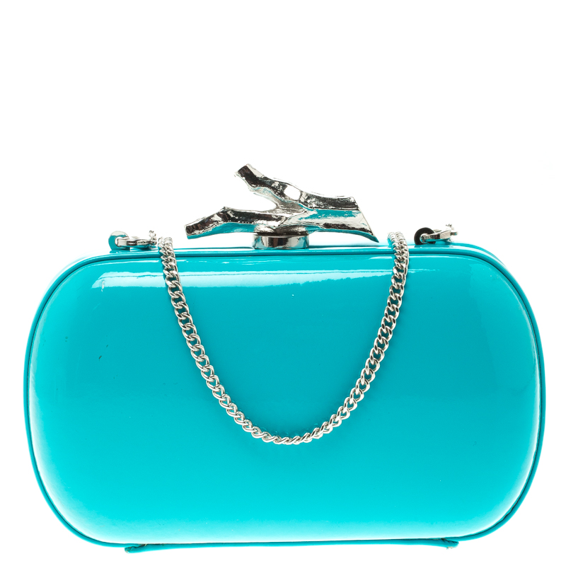 Pre Owned Diane Von Furstenberg Teal Patent Leather Lytton Minaudiere Clutch