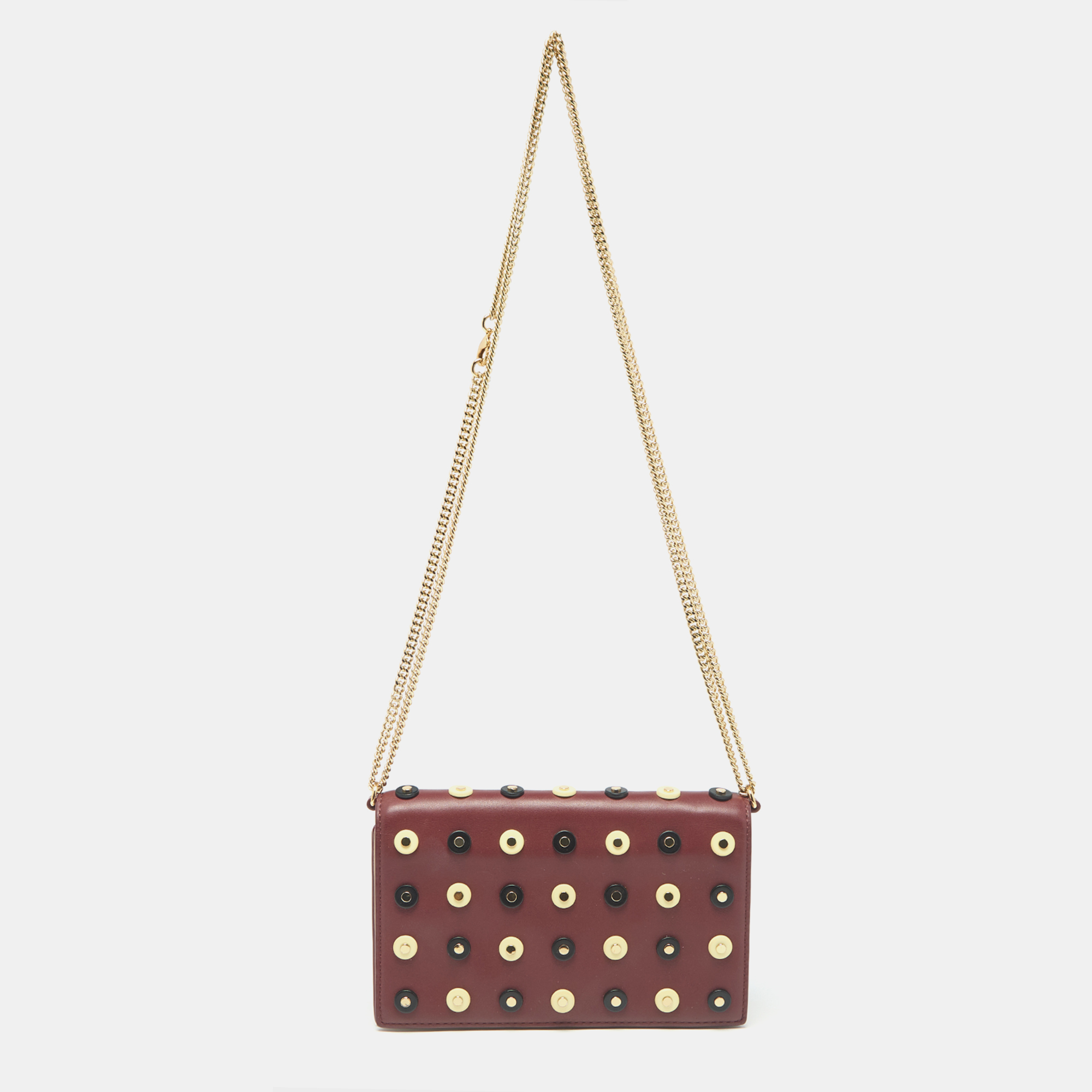 

Diane Von Furstenberg Burgundy/Beige Leather Studded Soiree Clutch Bag