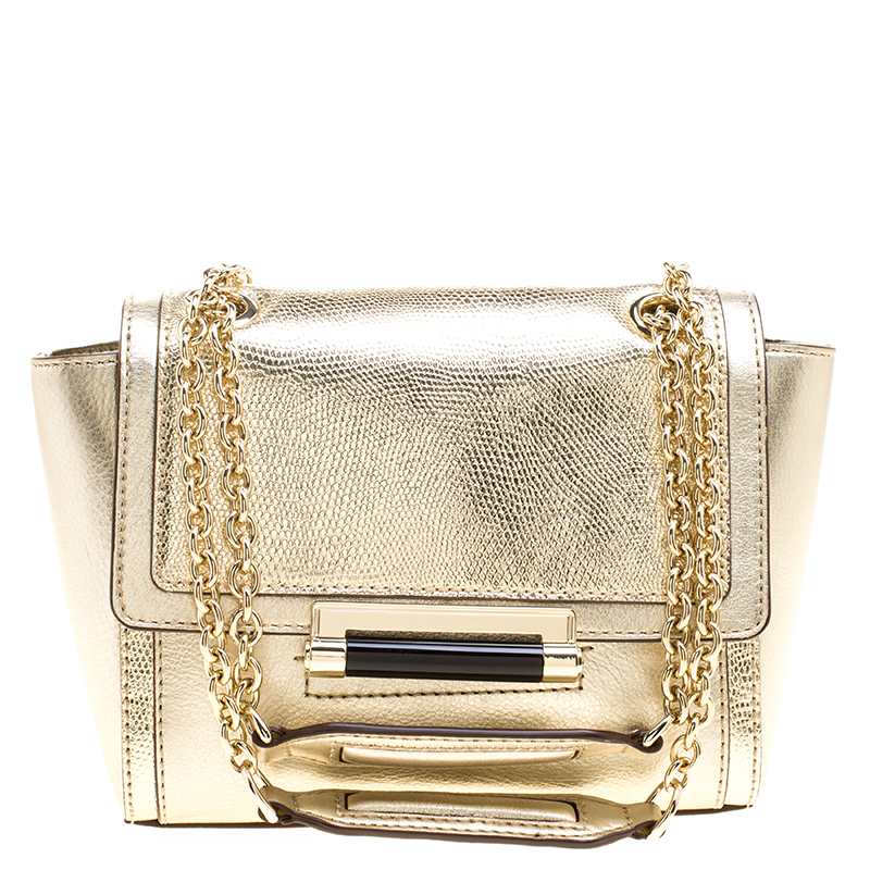 Pre Owned Diane Von Furstenberg Metallic Gold Lizard Embossed Leather 440 Mini Shoulder Bag
