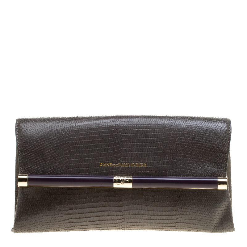 Pre Owned Diane Von Furstenberg Grey Lizard Embossed Leather Envelope Clutch