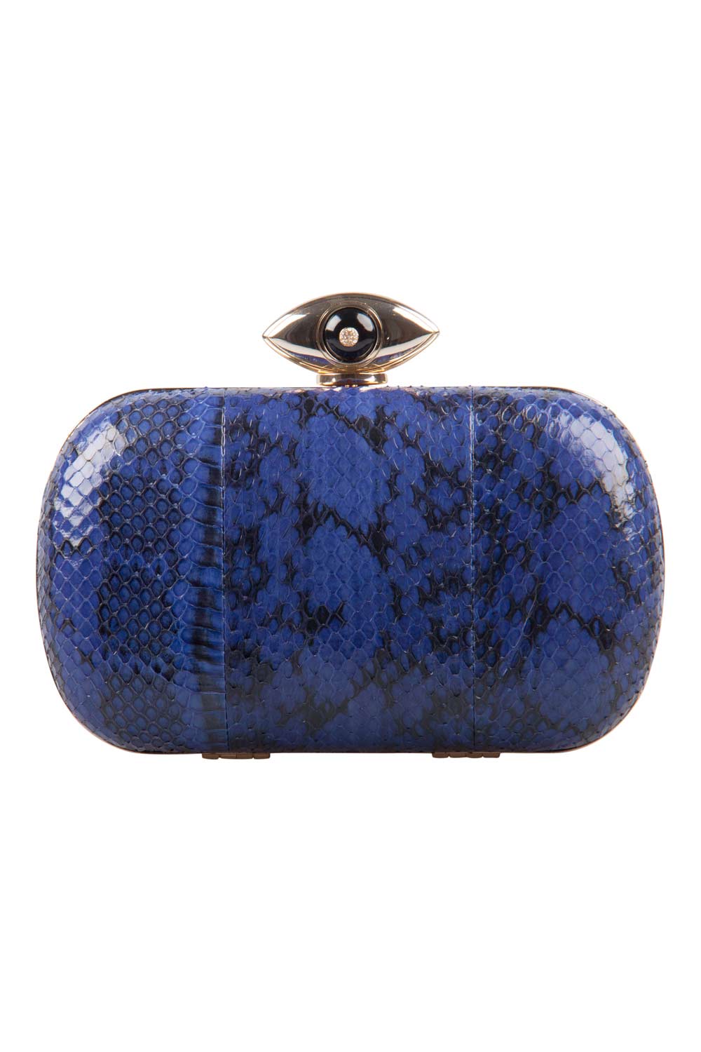 Pre Owned Diane Von Furstenberg Blue/Black Snakeskin Evil Eye Minaudiere Chain Clutch