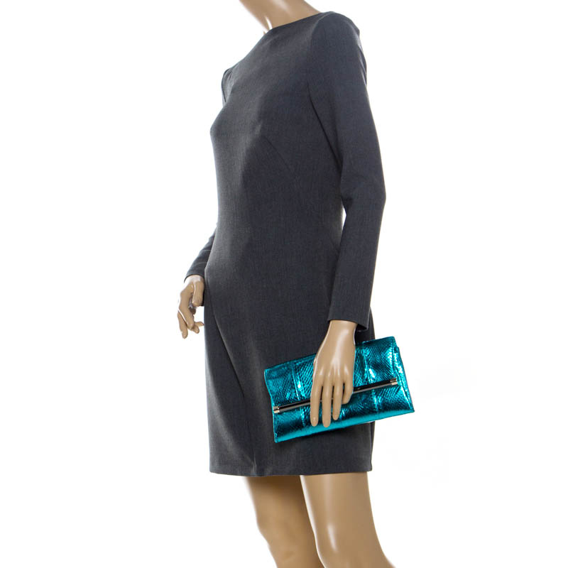 

Diane Von Furstenberg Metallic Blue Python Embossed Leather Envelope Clutch