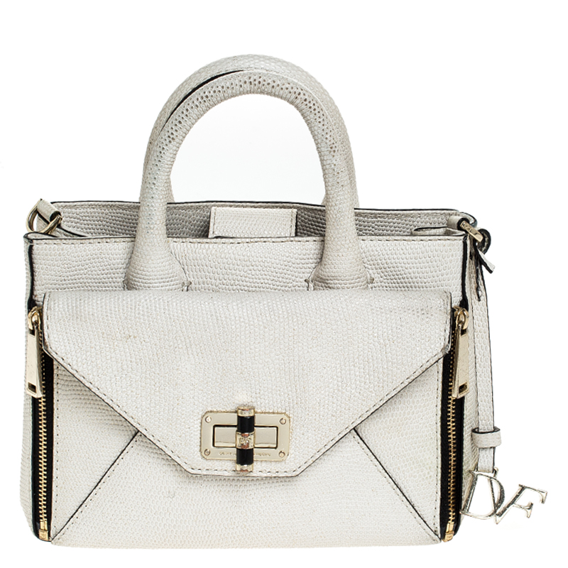 Pre Owned Diane Von Furstenberg Cream Shimmer Lizard Mini Secret Agent Tote