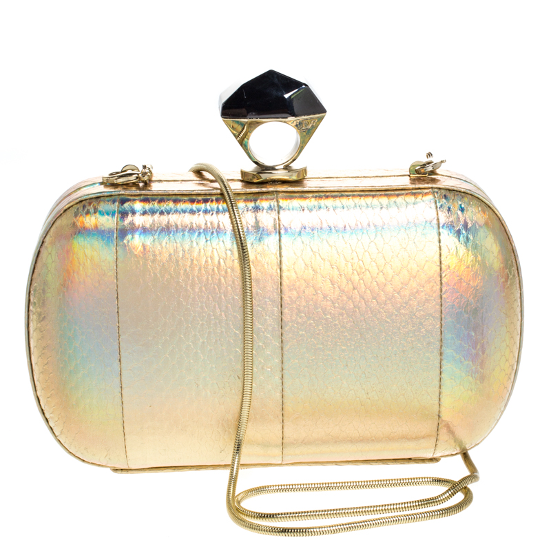 Pre Owned Diane von Furstenberg Gold Snakeskin Effect Leather Powerstone Minaudiere Clutch
