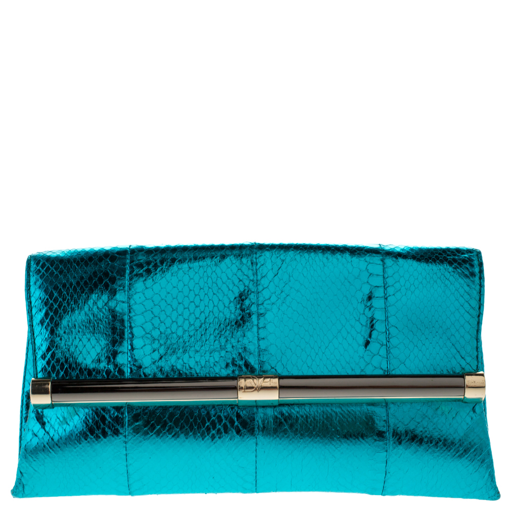 Diane Von Furstenberg Metallic Turquoise Snake Effect Leather Clutch