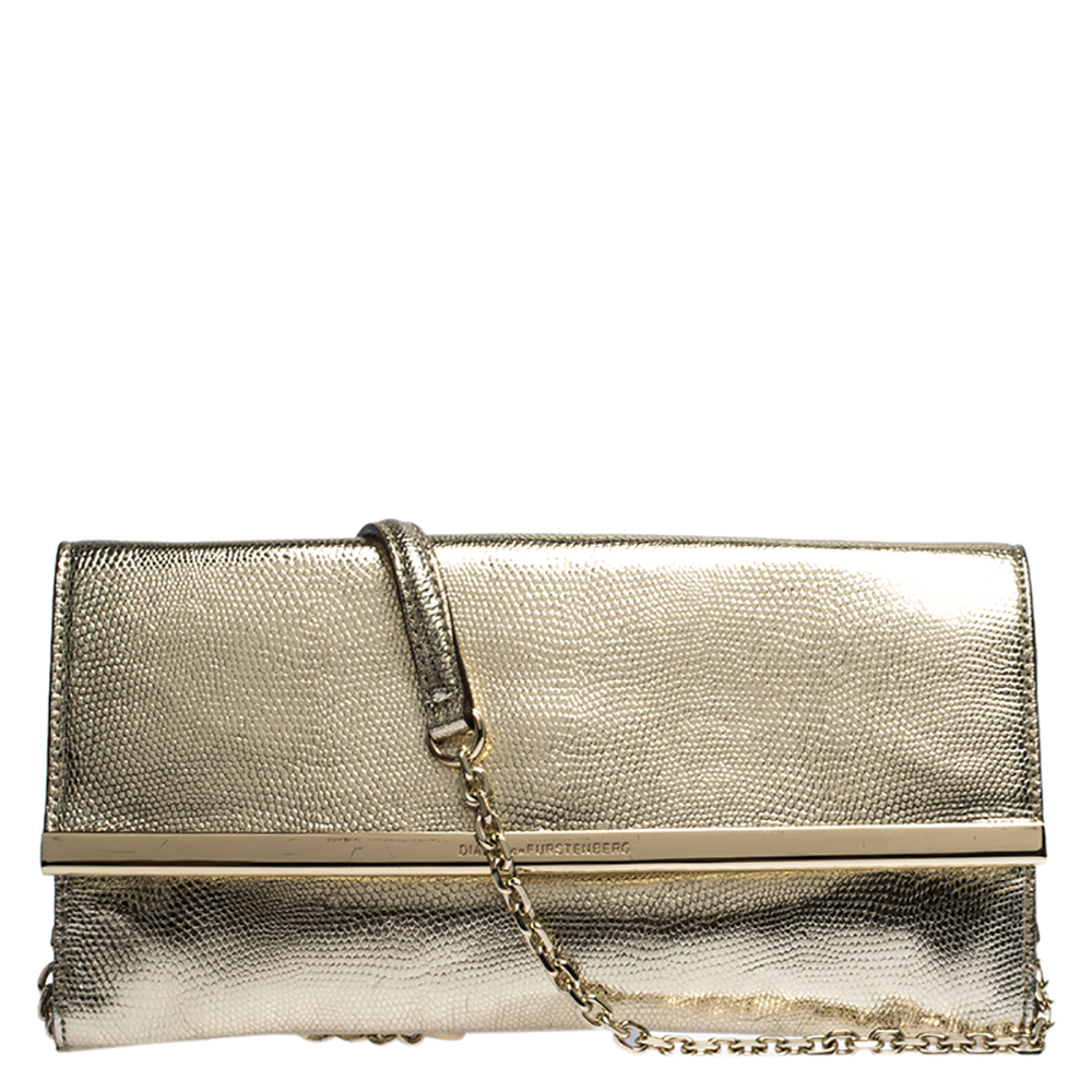 Pre Owned Diane Von Furstenberg Metallic Gold Lizrad Embossed Leather Chain Clutch