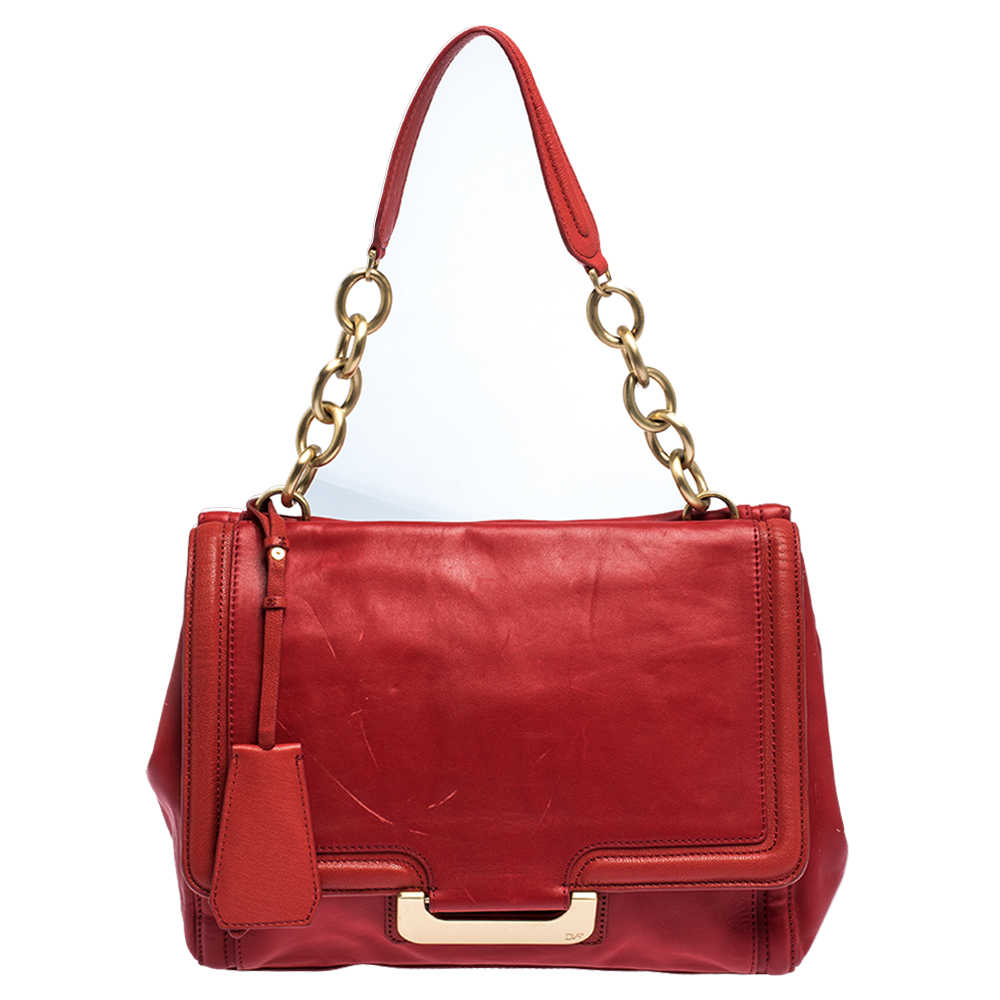 Pre Owned Diane Von Furstenberg Red Leather New Harper Satchel