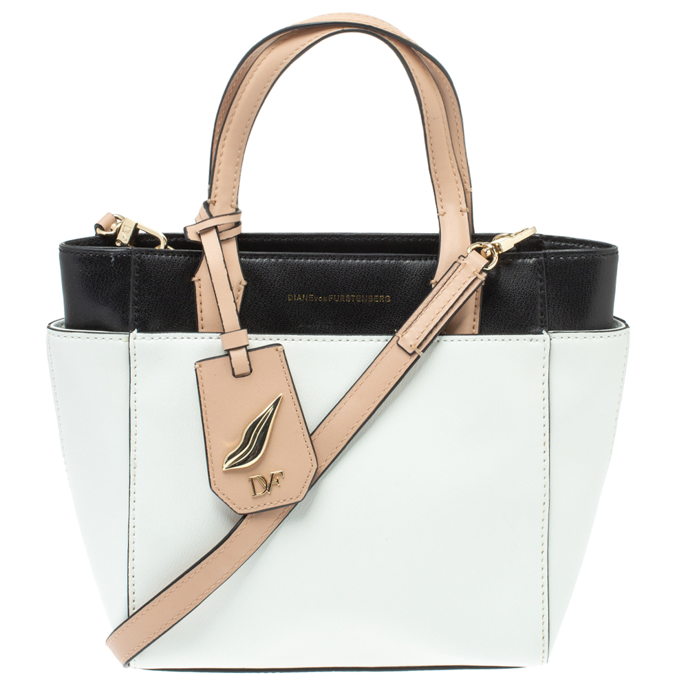 Pre Owned Diane Von Furstenberg White/Black Leather On The Go Tote