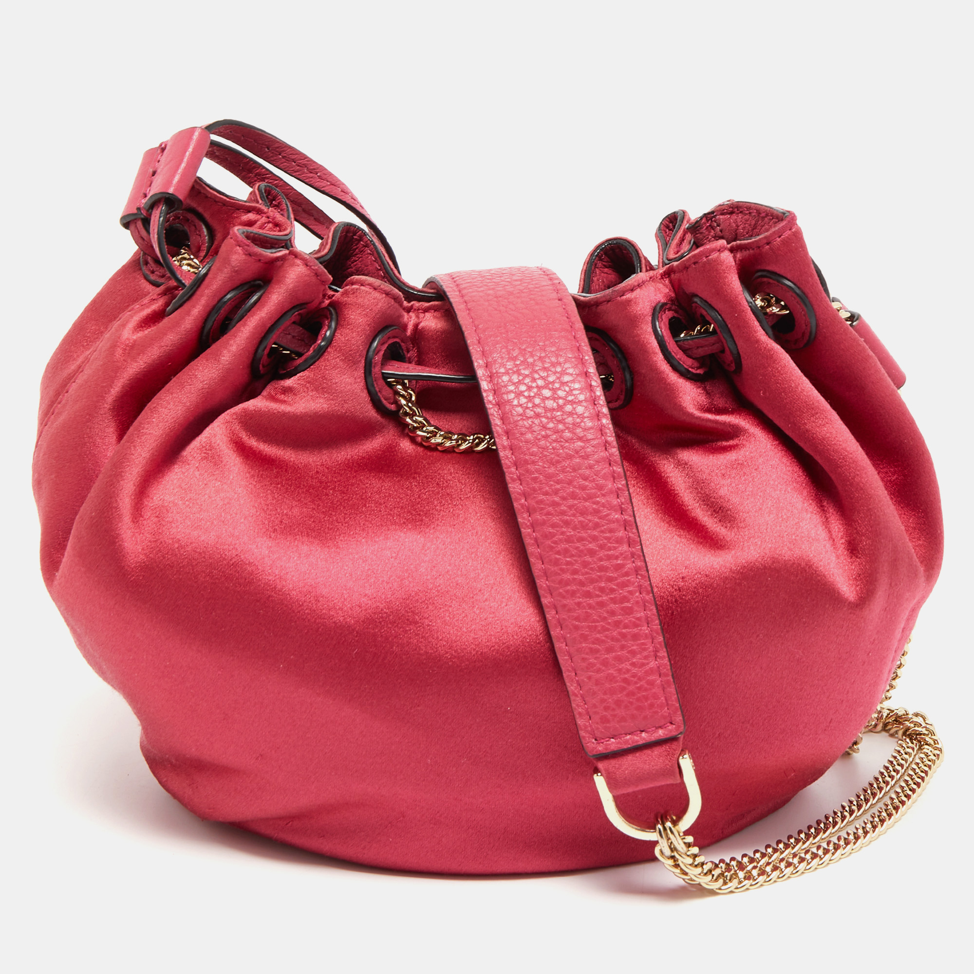 Pre-owned Diane Von Furstenberg Magenta Satin Mini Love Power Drawstring Bucket Bag In Pink