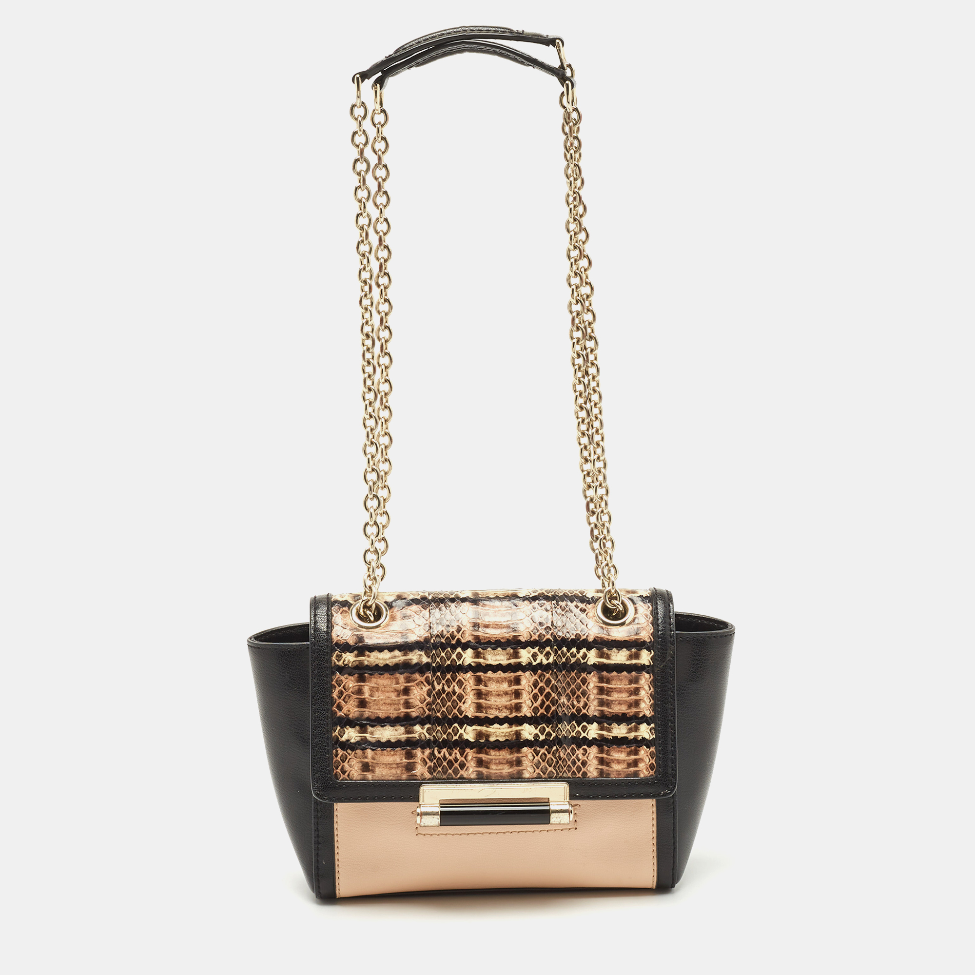 Pre-owned Diane Von Furstenberg Black/peach Leather And Watersnake Highline Shoulder Bag
